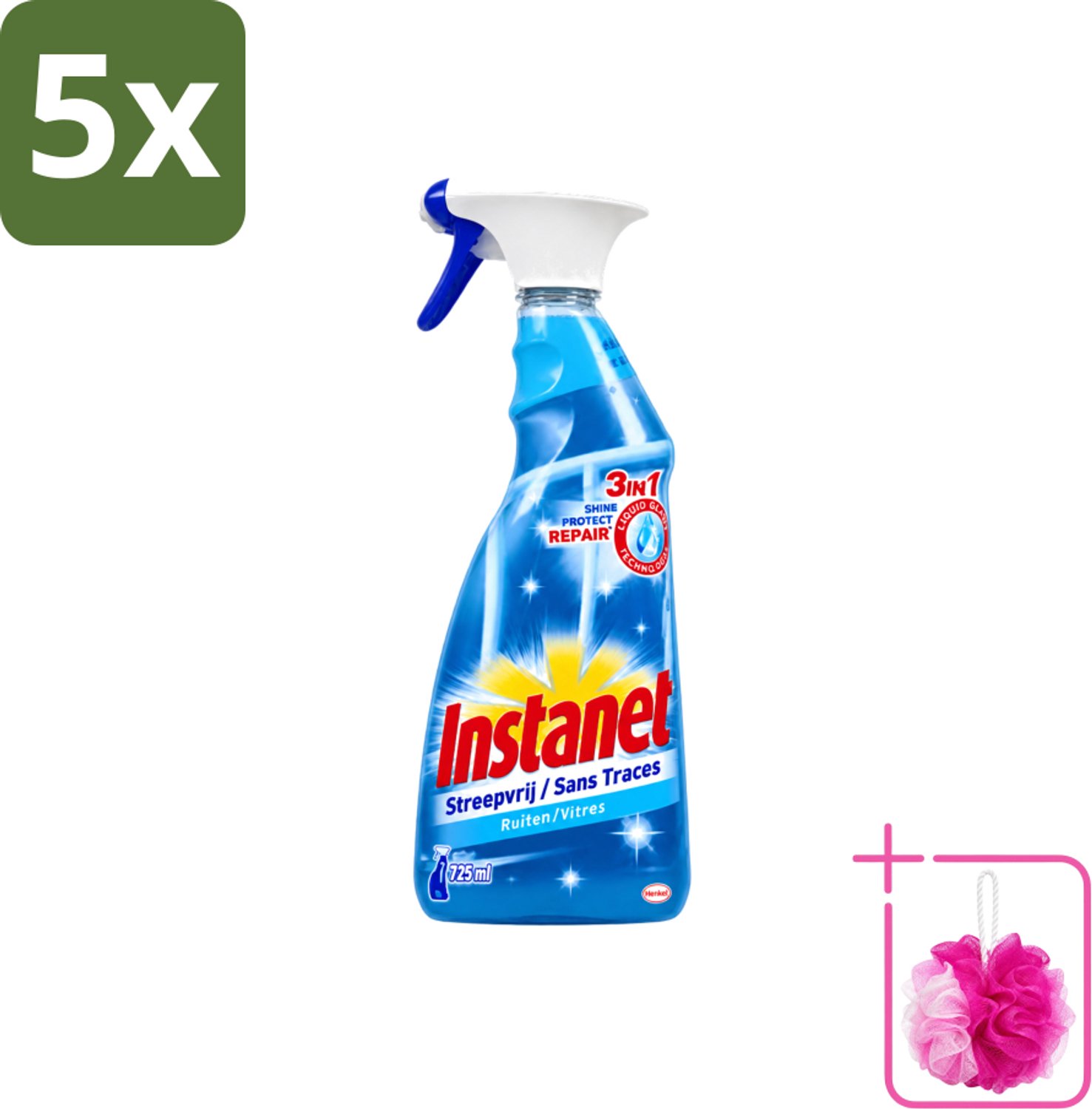 5 x Instanet - Ruitenreiniger - Streepvrij - 3in1 Spray - 725 ml - Bulkverpakking - Ruitenreiniger - Douchemop - Streepvrije ruiten