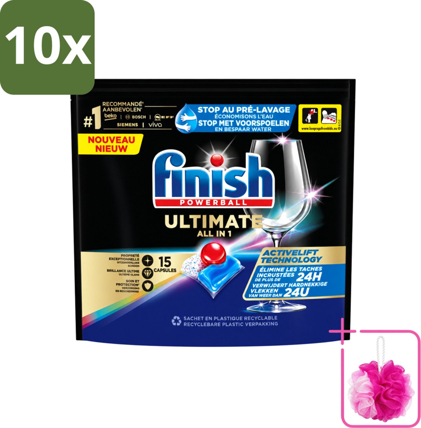 10 x Finish Powerball - Ultimate All in 1 - Vaatwastabletten - Activelift - 15 Capsules - Bulkverpakking - Vaatwastabletten - Douchemop - Activelift