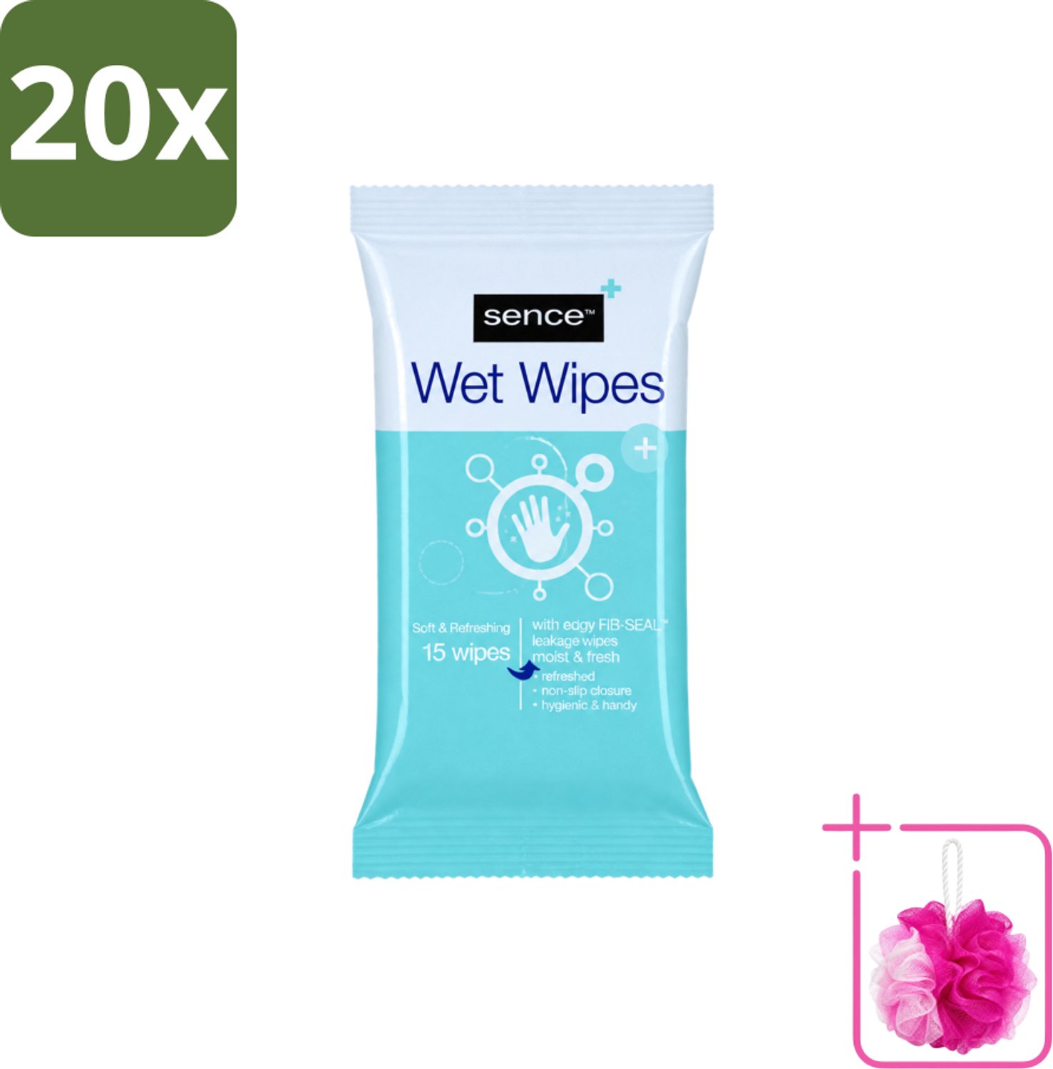 20 x Sence - Vochtige Doekjes - Hersluitbare Verpakking - 15 Doekjes - Bulkverpakking - Vochtige doekjes - Douchemop - Handdoek