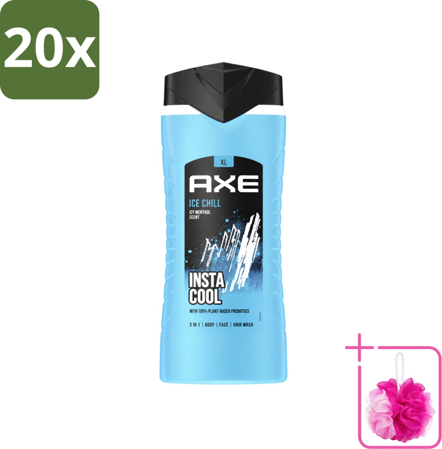 20 x Axe XL - 3-in-1 Douchegel - Ice Chill - Icy Menthol - Insta Cool - 400 ml - Bulkverpakking - Douchegel - Douchemop - Frisheid