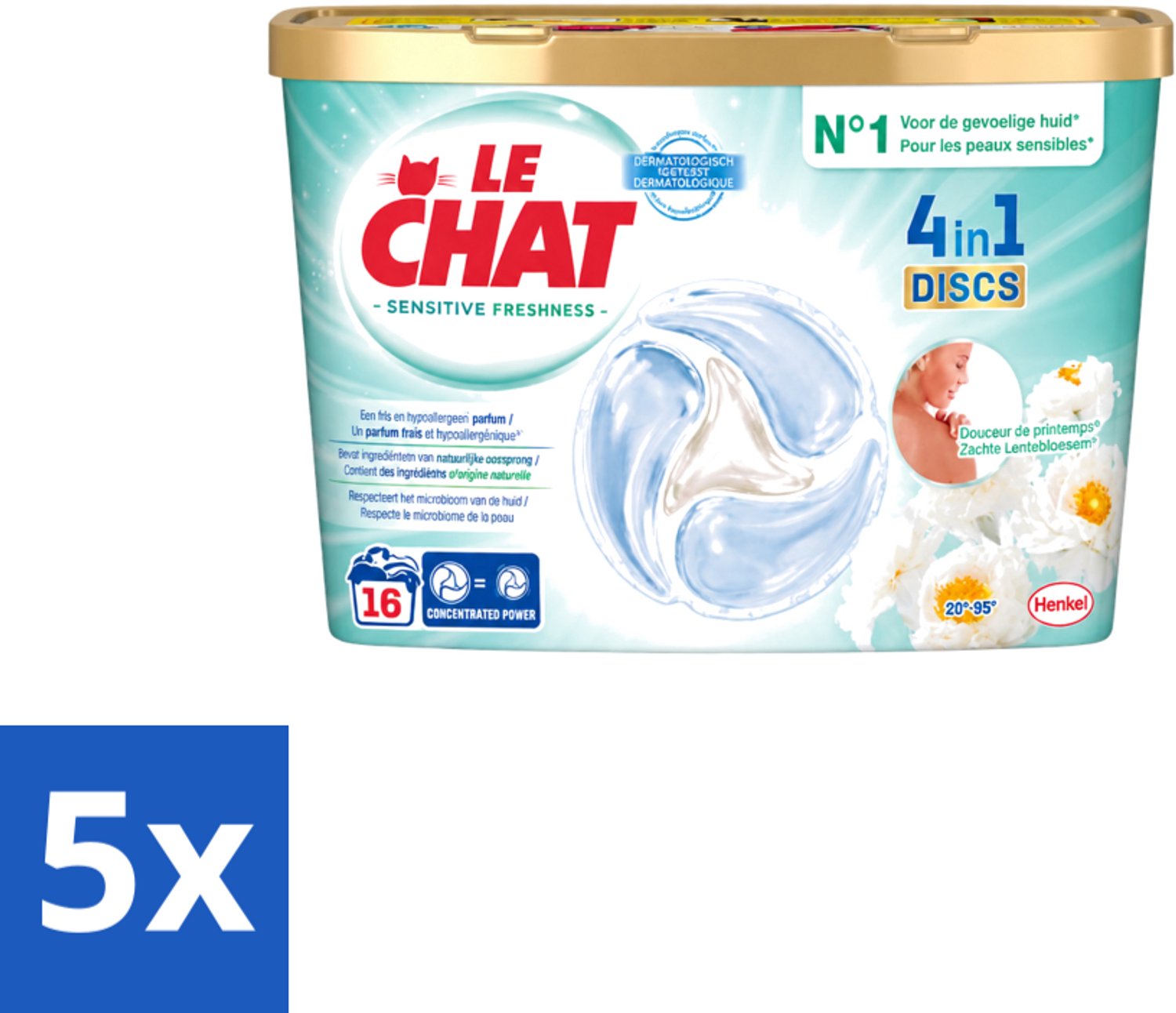 5 x Le Chat – Wascapsules – Sensitive Zachte Lentebloesem – 16 wasbeurten - Voordeelverpakking - 5 stuks