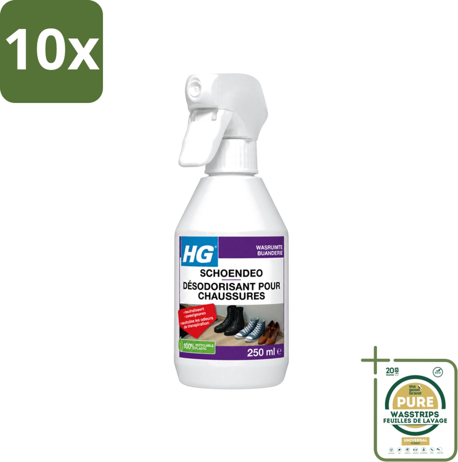 10 x HG - Schoendeo - Neutraliseert Zweetgeuren - Gemakkelijk in Gebruik - 250 ml - Wasstrips - Schoenen Geur - Transpiratiegeur - Schoendeo - Schoenen Reinigen - Schoenen Fris