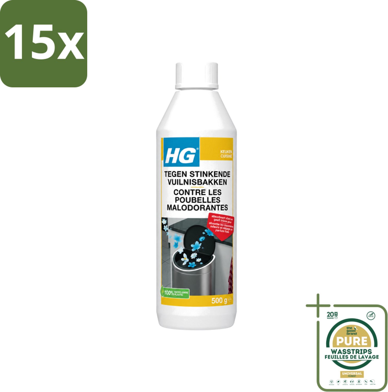 15 x HG - Tegen Stinkende Vuilnisbakken - Neutraliseert Geuren - 500 g - Wasstrips - Stinkende Vuilnisbakken - Geurneutraliseren - Afvalgeuren - Vuilnisbak Geuren - Afvalcontainer Geuren