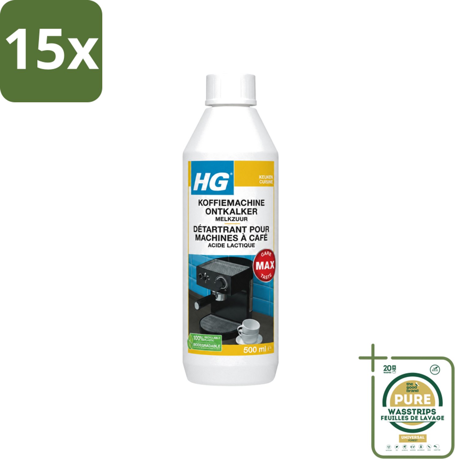 15 x HG - Koffiemachine Ontkalker - Op Basis Van Melkzuur - 4 tot 5 Reinigingsbeurten - 500 ml - Wasstrips - Koffiemachine Ontkalker - Melkzuur Ontkalker - Espresso Machine Ontkalker - Padkoffiemachine Ontkalker - Kalkverwijdering