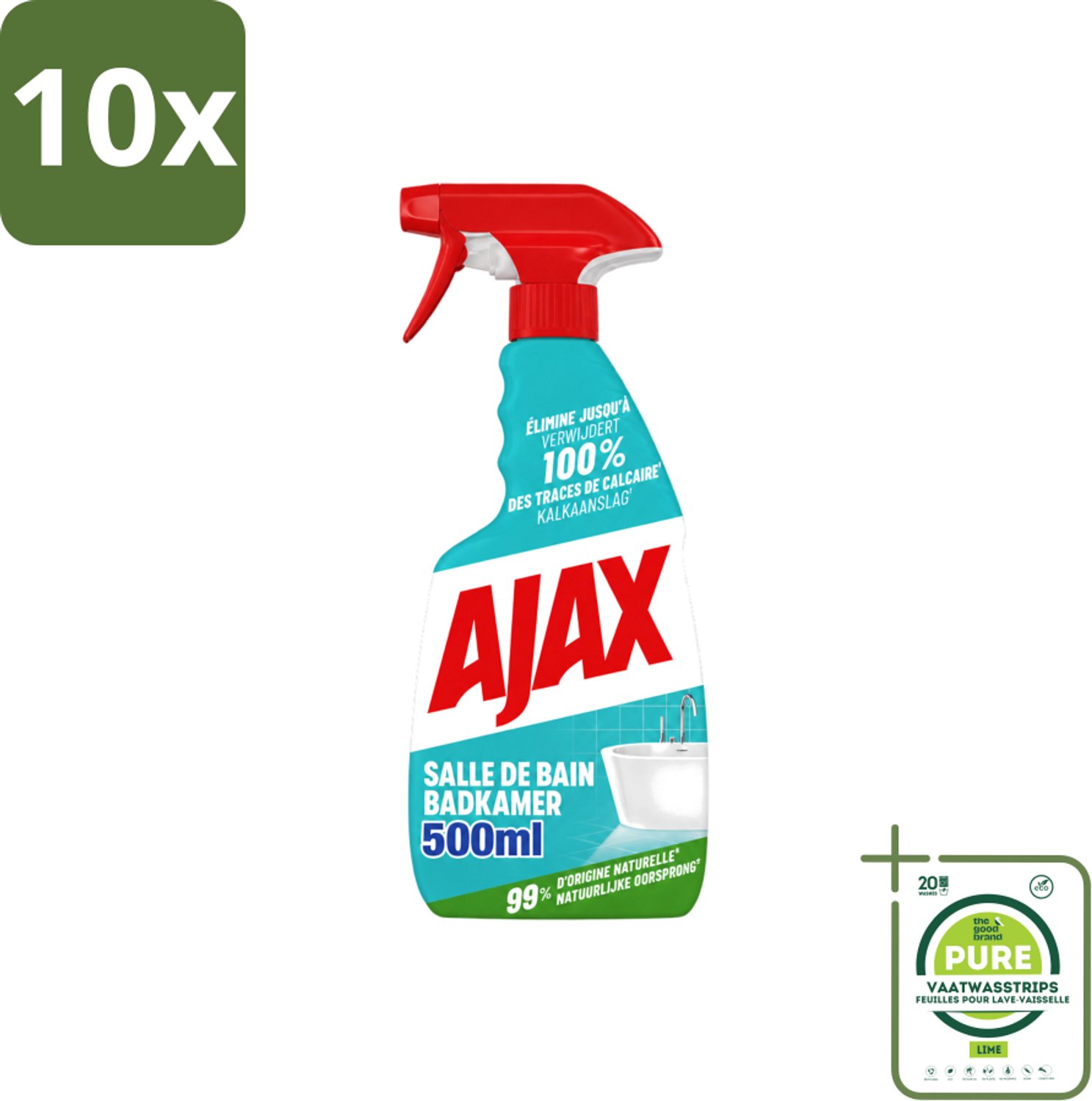 10 x Ajax – Badkamer Spray – 500 ml - Grootverpakking - Vaatwasstrips - Badkamer Reinigen - Kalk Verwijderen - Zeepresten Verwijderen - Badkamer Schoonmaken - Anti-kalk Spray