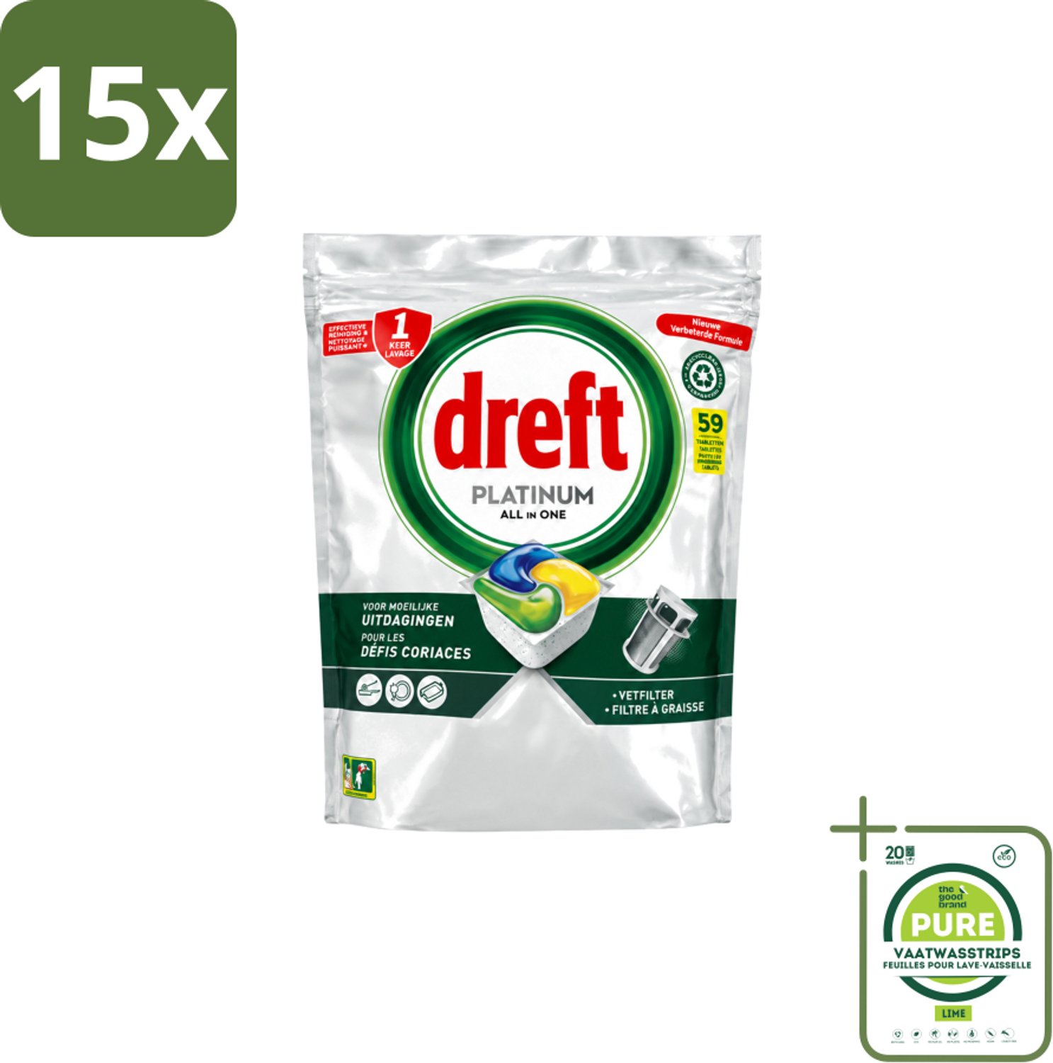15 x Dreft – Vaatwastabletten – All-in-One Platinum – Lemon – 59 Tabletten - Grootverpakking - Vaatwasstrips - Vaatwastabletten - Vaatwasser - Vetverwijderen - Glasbescherming - Citroengeur
