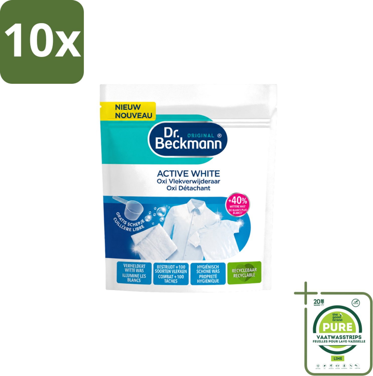 10 x Dr. Beckmann – Active White Oxi – Witte Was Poeder – 400 g - Grootverpakking - Vaatwasstrips - Wasmiddel - Vlekverwijderaar - Witte Was - Vlekken Verwijderen - Grauwsluier Verwijderen