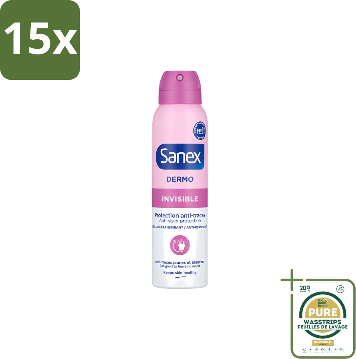 15 x Sanex – Deodorant Spray – Dermo Invisible – 150 ml - Wasstrips - Onzezichtbare Deodorant - Deodorant Spray - Transpiratieregulatie - Huidbescherming - Strepenvoorkomend