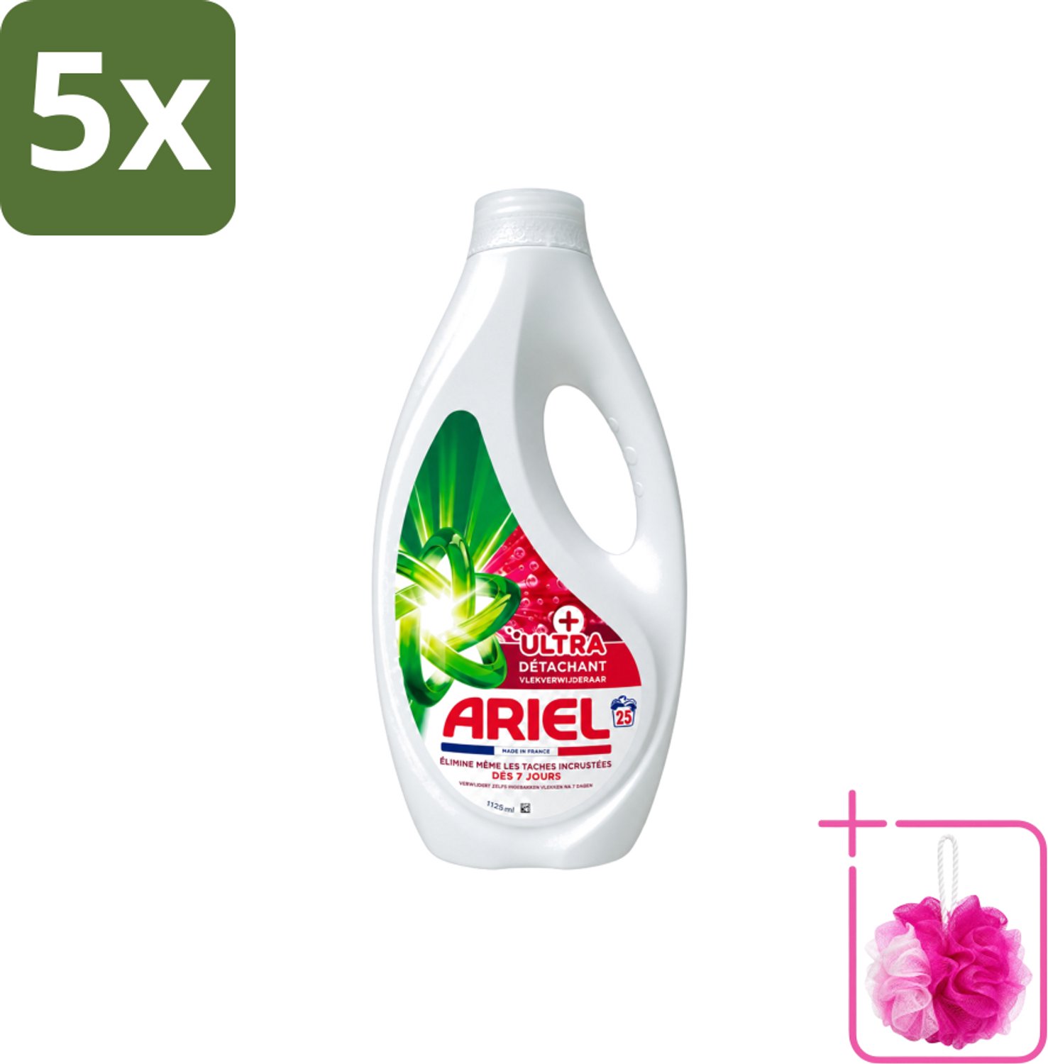 5 x Ariel – Vloeibaar Wasmiddel – Ultra Vlekverwijderaar – 1125 ml – 25 wasbeurten - Bulkverpakking - Vlekverwijderaar - Douchemop - Wasmiddel