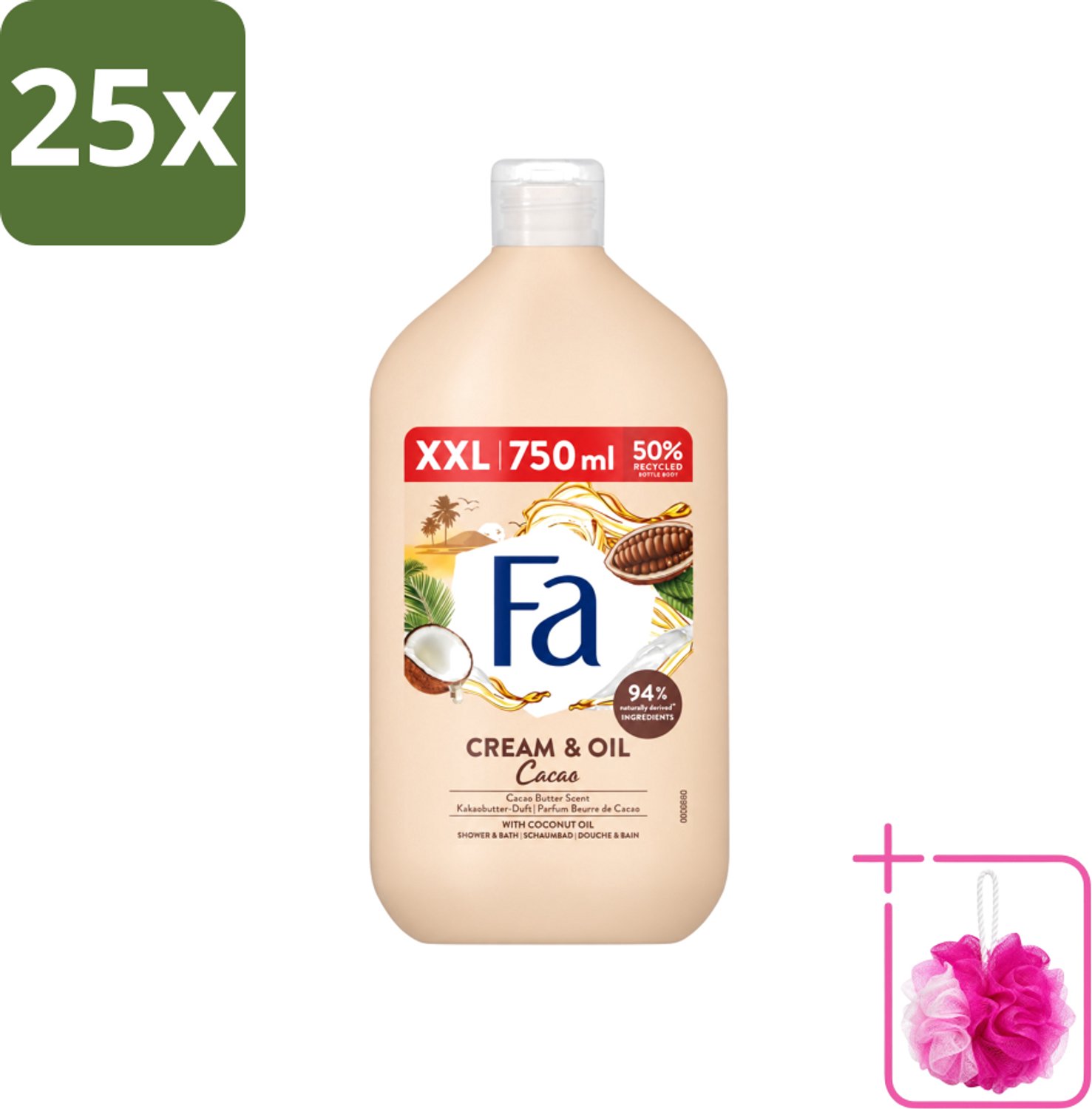 25 x Fa - Cream & Oil Cacao - Bad- & Douchegel - Cacaoboter Met Kokosolie - 750 ml - Bulkverpakking - Bad en douche gel - Douchemop - Cacaoboter