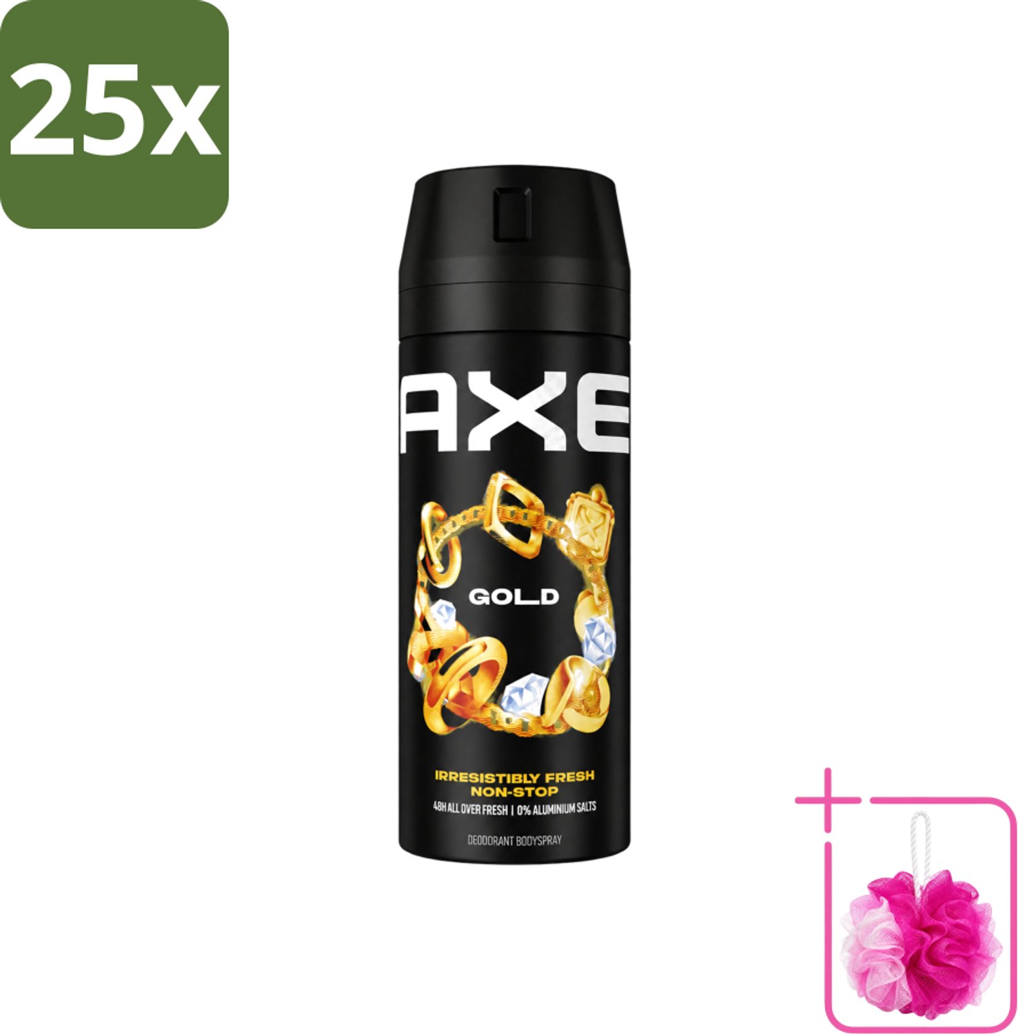 25 x Axe - Deodorant Bodyspray - 48hrs Fresh - Gold - Oud Wood & Fresh Vanilla - 150 ml - Bulkverpakking - 48 uur geurbeleid - Douchemop - Deodorant bodyspray