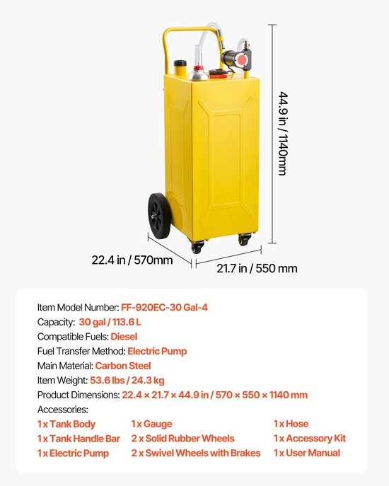 Mobiele dieseltank - Brandstoftrolley - 113,6 liter - 12V elektrische pomp - Max. 32 l/min - 4 wielen - Oliepeilindicator - Koolstofstaal, geel — afbeelding 3