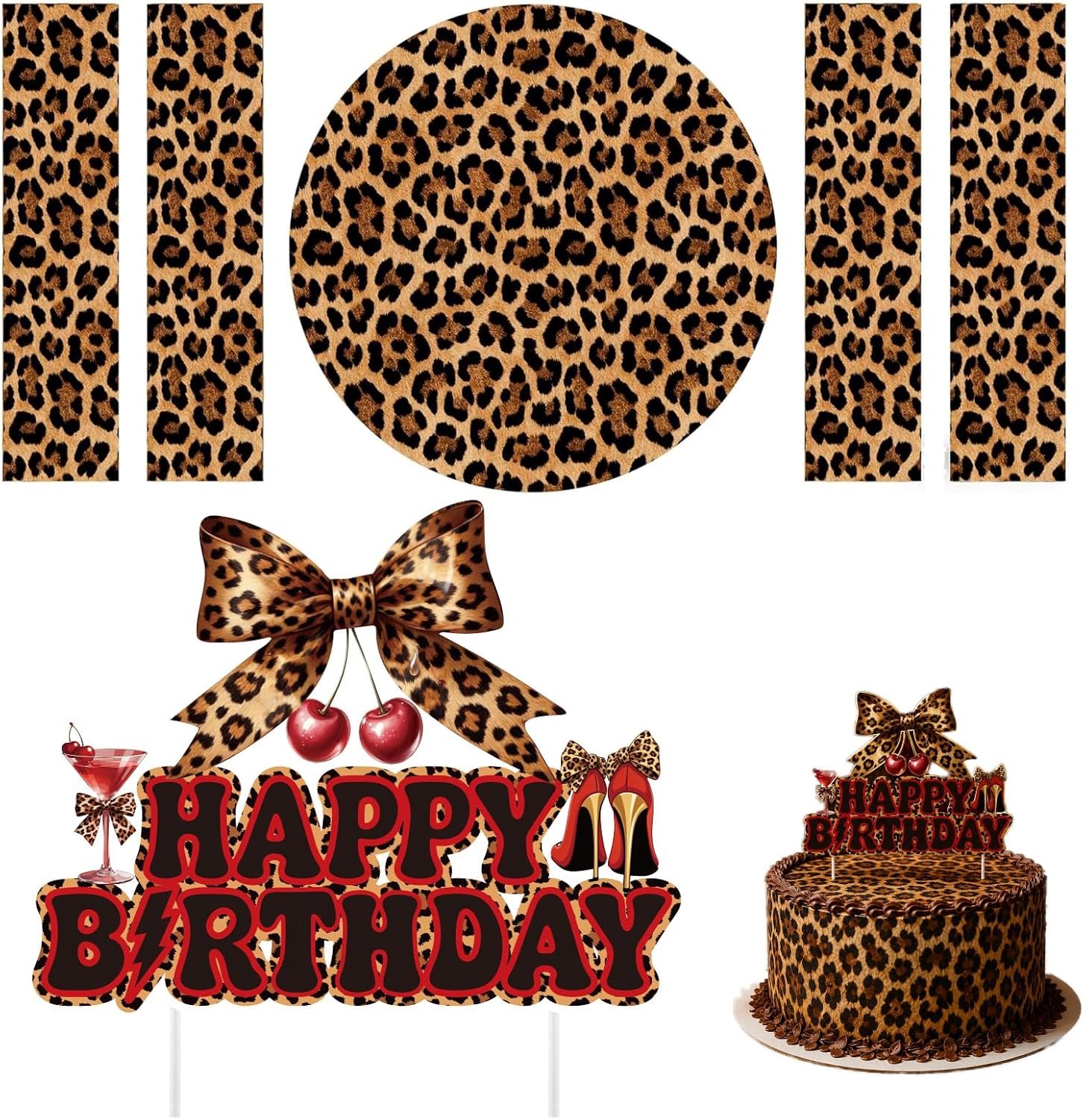 1 set taartdecoratie met luipaardpatroon, decoratie voor ronde taarten, diameter 20 cm, taartdecoratie voor dierenfans, verjaardag, feest, met 1 luipaard-kersenopzetstuk