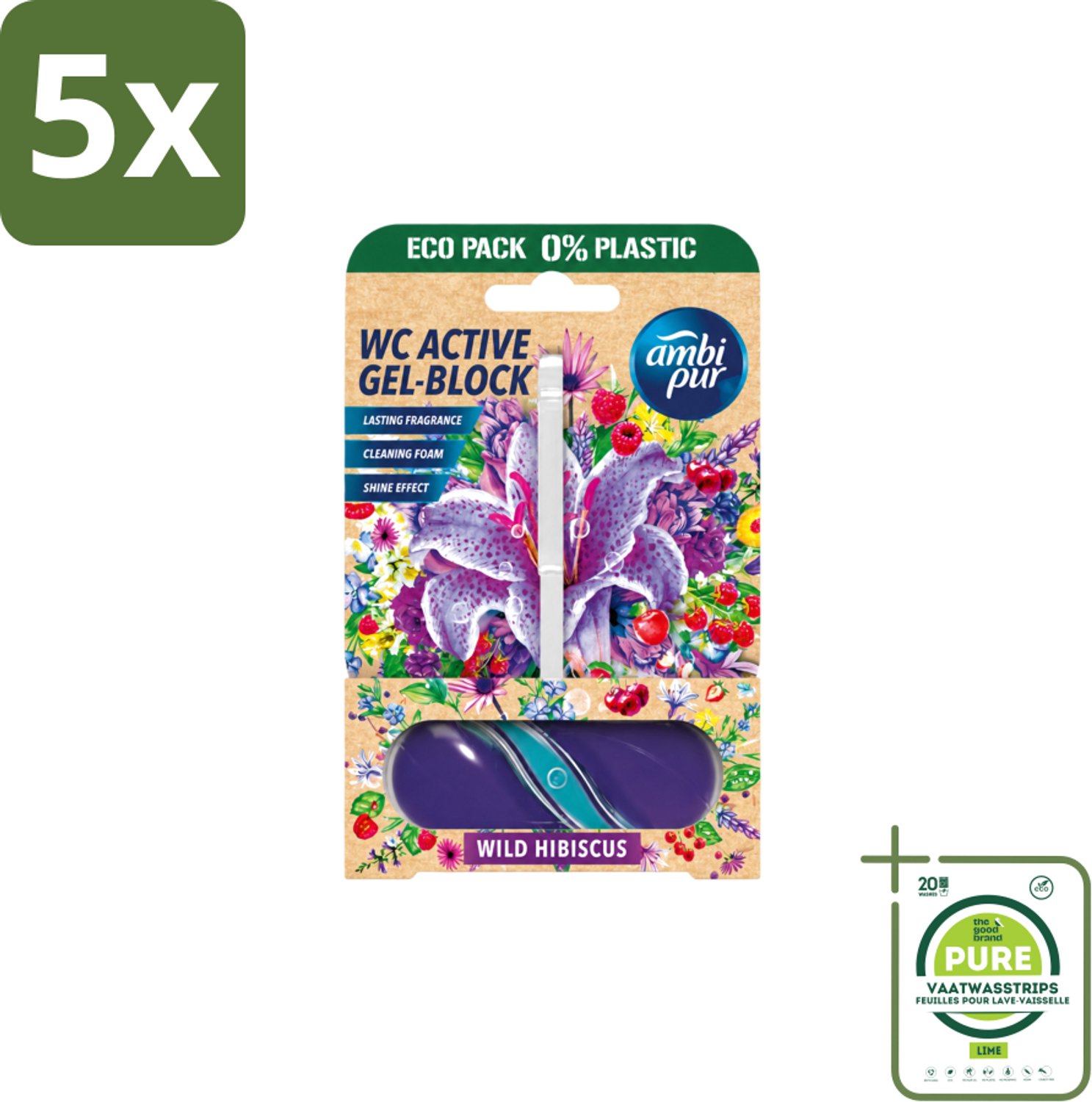 5 x Ambi Pur – Toiletblok – Wild Hibiscus – 45 g - Grootverpakking - Vaatwasstrips - Toiletblok - Fris Toilet - Geur Toilet - Kalkaanslag Voorkomen - Toilet Reinigen