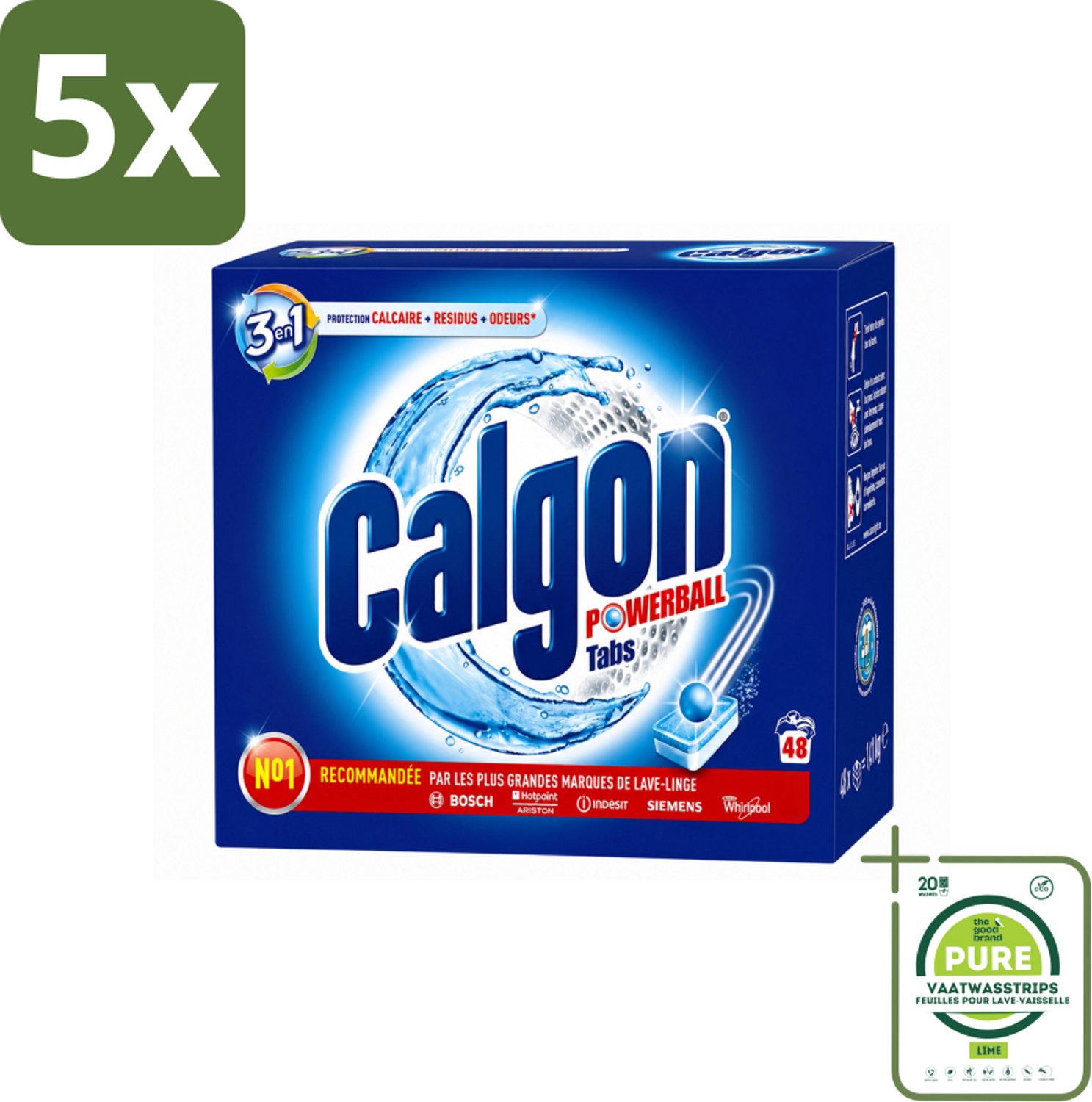 5 x Calgon - 3in1 Tabletten - 48 tabletten - Grootverpakking - Vaatwasstrips - Wasmachine Bescherming - Kalkaanslag Voorkomen - Vuilresten Verwijderen - Nare Geuren Bestrijden - Wasmachine Levensduur Verlengen