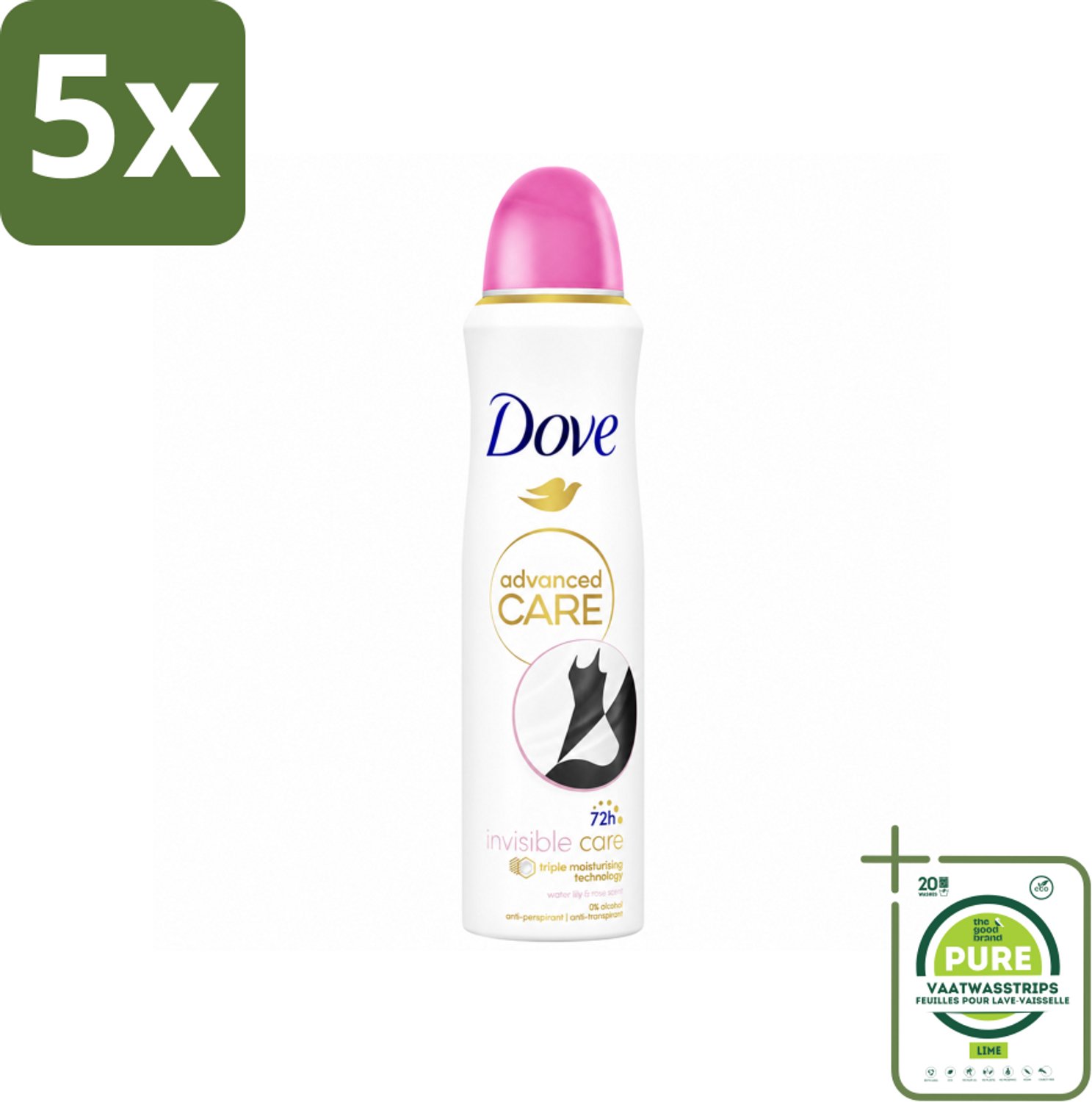 5 x Dove – Deodorant Spray – Invisible Care – 150 ml - Grootverpakking - Vaatwasstrips - Anti-transpirant - Deodorant Spray - Zweetbehandeling - Frisheid - Huidbescherming