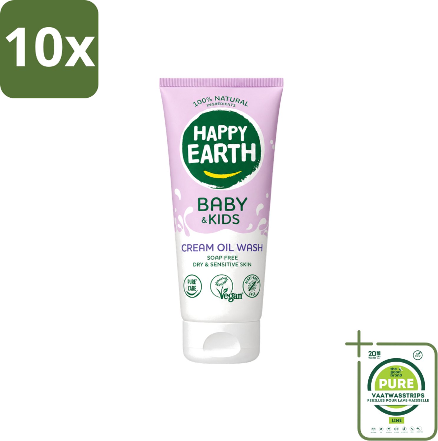 10 x Happy Earth – Cream Oil Wash – 100% Natuurlijk Baby & Kids – 200 ml - Grootverpakking - Vaatwasstrips - Babyolie - Gezichtsolie - Lichaamsoil - Natuurlijke Babyolie - Gezicht En Lichaam Verzorging