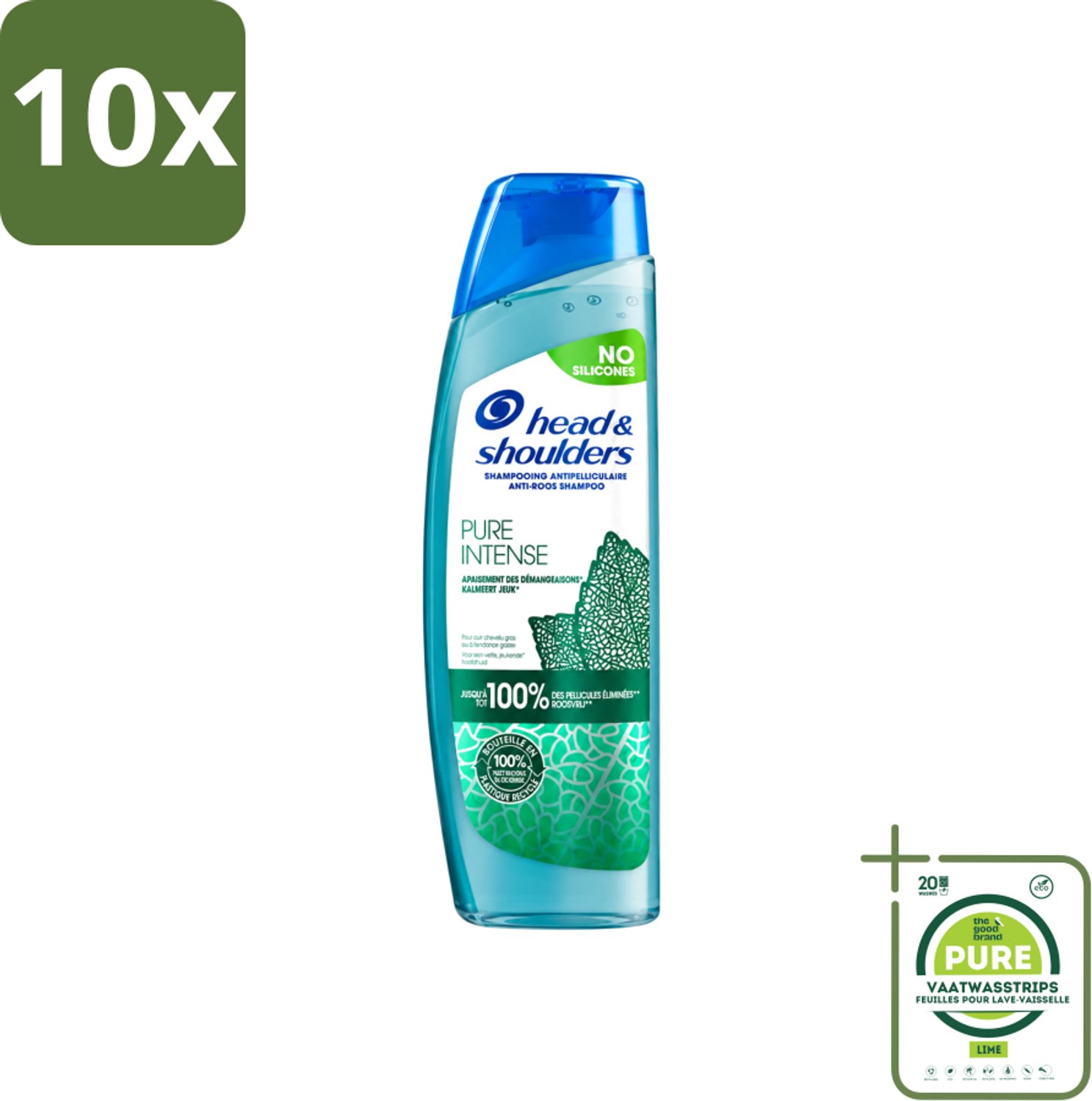 10 x Head & Shoulders – Shampoo – Pure Intense Kalmeert Jeuk – 250 ml - Grootverpakking - Vaatwasstrips - Anti-roos Shampoo - Shampoo Bij Jeukende Hoofdhuid - Pepermunt Shampoo - Siliconenvrije Shampoo - Roosvrije Shampoo
