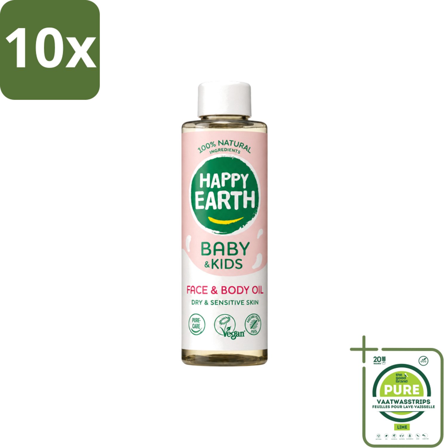 10 x Happy Earth – Face & Body Oil – 100% Natuurlijk Baby & Kids – 150 ml - Grootverpakking - Vaatwasstrips - Babyolie - Gezichtsolie - Lichaamsoil - Natuurlijke Huidverzorging - Babymassageolie