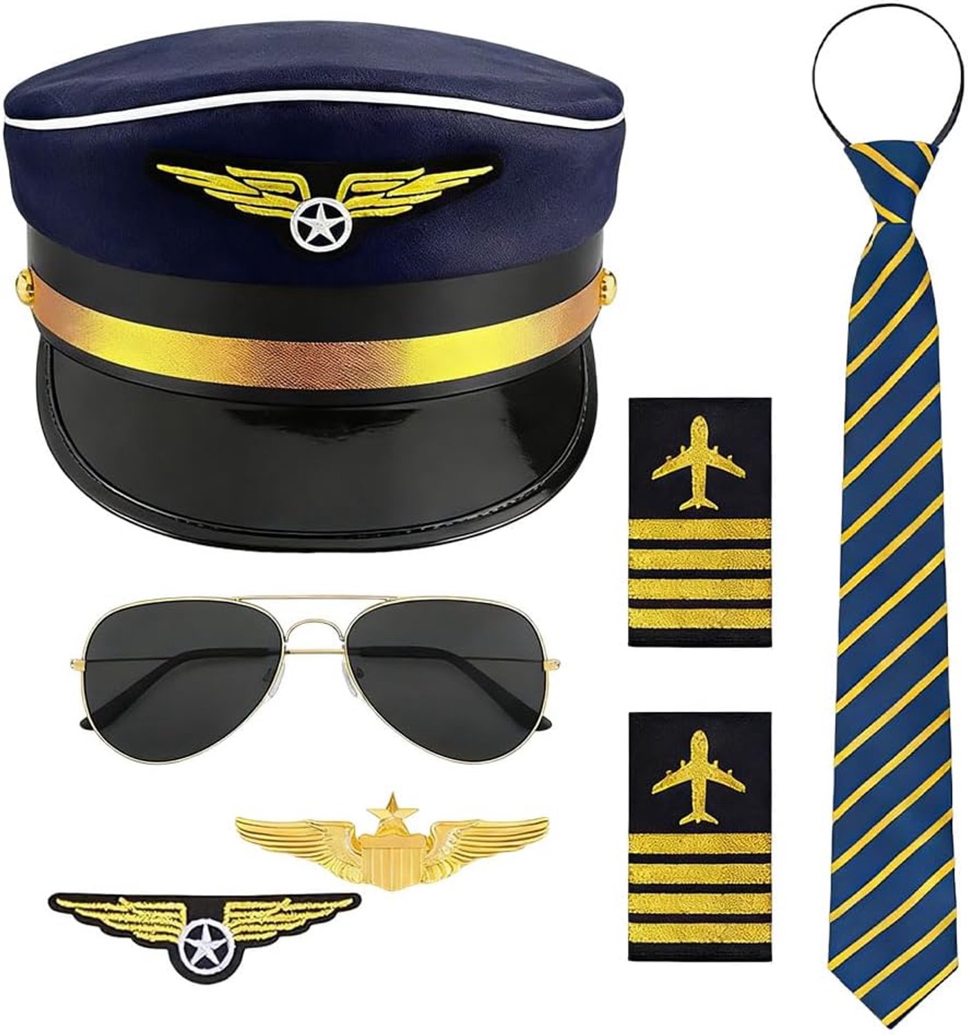 7 stuks pilotenkostuum accessoires, kostuum piloot heren kit met piloot kapitein hoed pin, badge, stropdas, schouderriem, zonnebril, voor Kerstmis, carnaval, Halloween Pasen