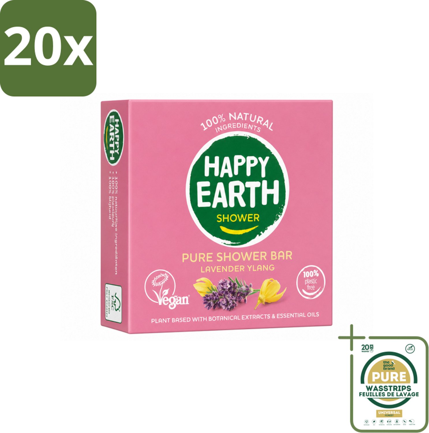 20 x Happy Earth – Shower Bar – 100% Natuurlijk Lavender Ylang – 90 g - Wasstrips - Douchen - Douchegel - Lavendel - Ylang-ylang - Natuurlijke Douchegel