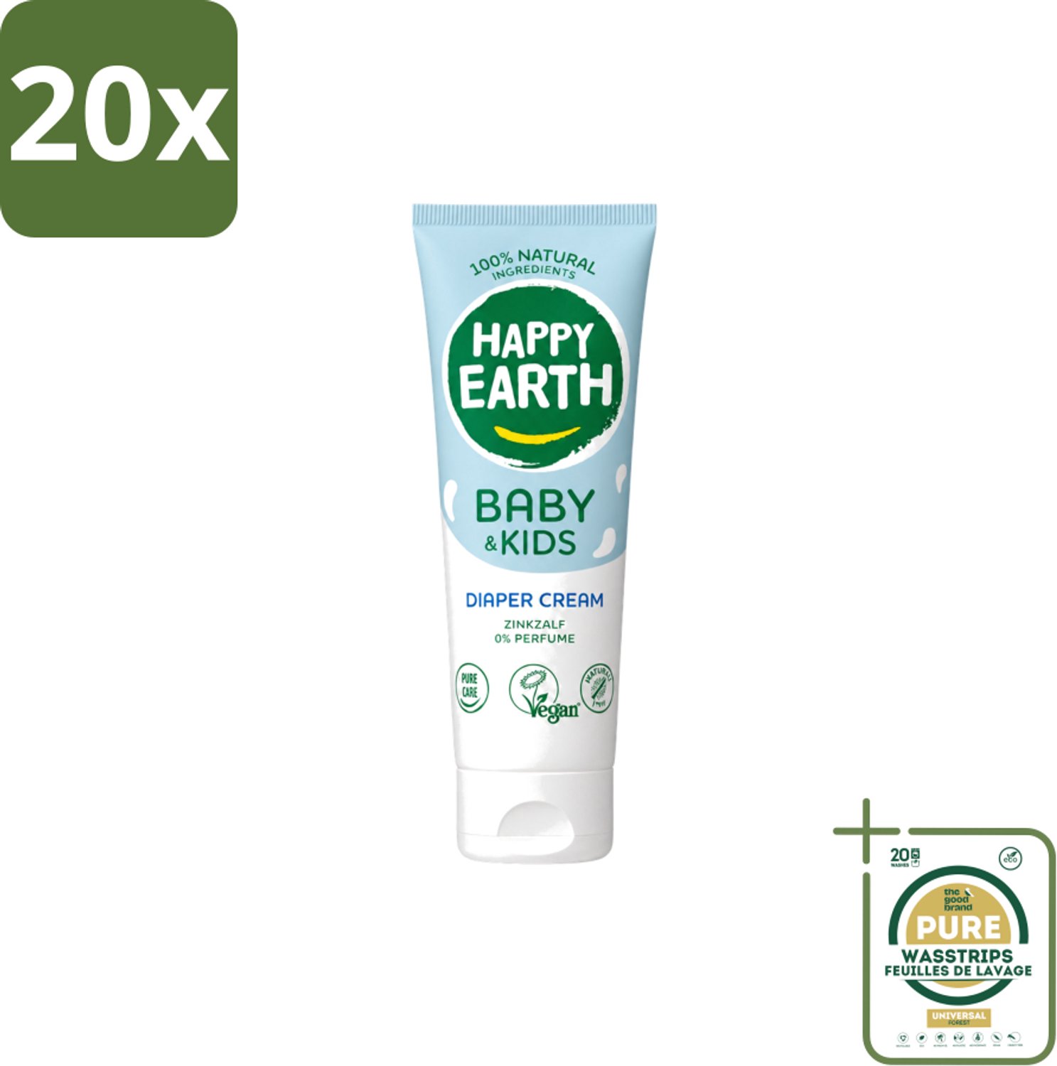 20 x Happy Earth – Diaper Cream – 100% Natuurlijk Baby & Kids – 75 ml - Wasstrips - Babybillen Crème - Luieruitslag Voorkomen - Gevoelige Huid - Zink Oxide Crème - Natuurlijke Crème