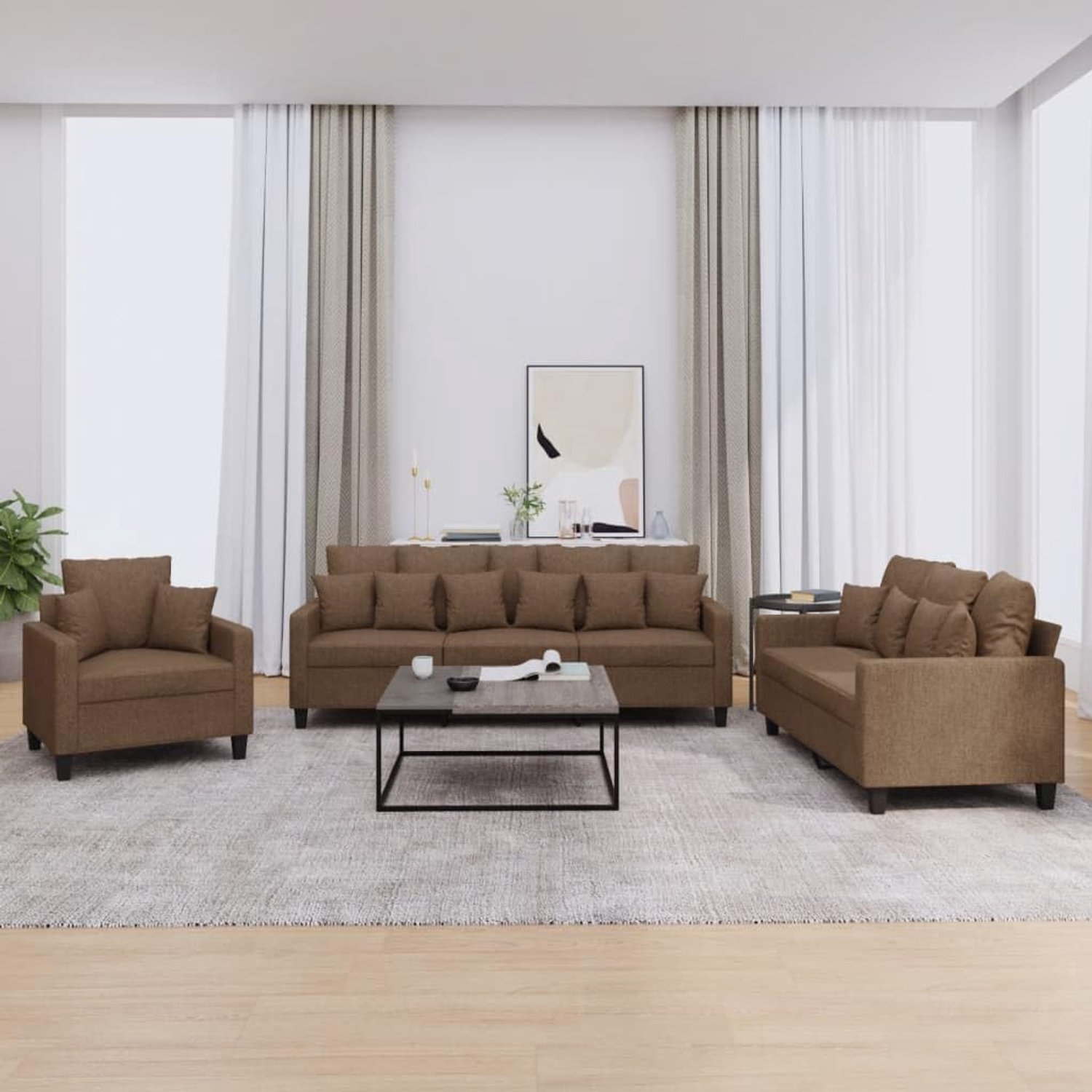 3-delig bankstel met kussen bruin stof - robuust woonlandschap voor comfortabel zitten en ontspannen, duurzame overtrek, ademend, stabiel metalen frame, dik