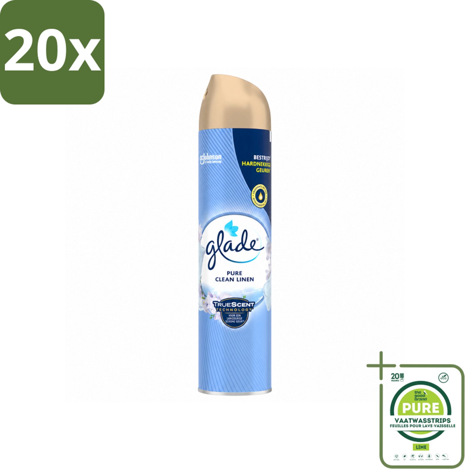 20 x Glade – Luchtverfrisser Spray – Pure Clean Linen – 300 ml - Grootverpakking - Vaatwasstrips - Luchtverfrisser Linnen Geur - Frisse Luchtverfrisser Spray - Luchtverfrisser Tegen Geurtjes - Luchtverfrisser Met Essentiële Oliën
