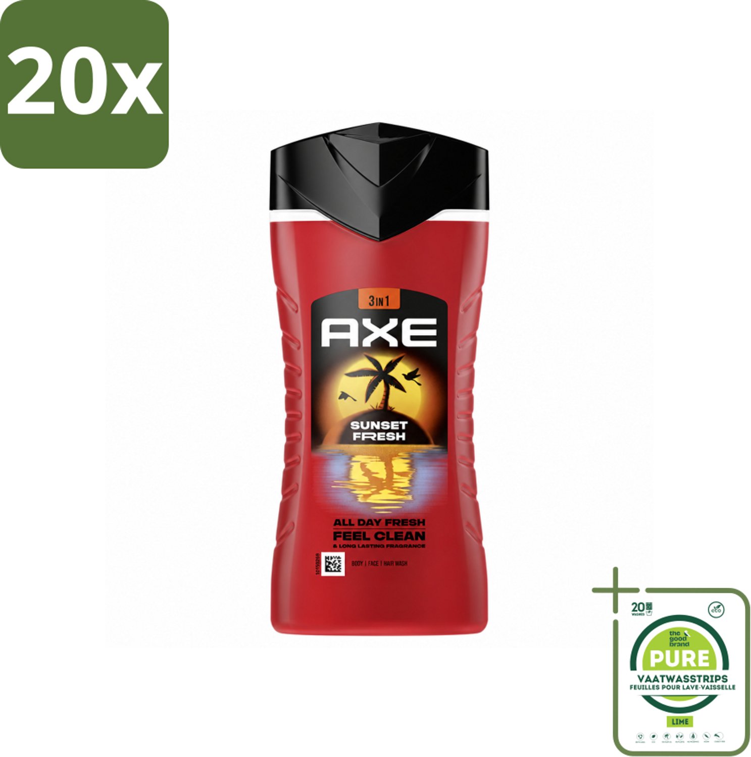 20 x Axe – Douchegel 3-in-1 – Sunset Fresh – 250 ml - Grootverpakking - Vaatwasstrips - Douchegel - Frisheid - Geur - Lichaam - Gezicht