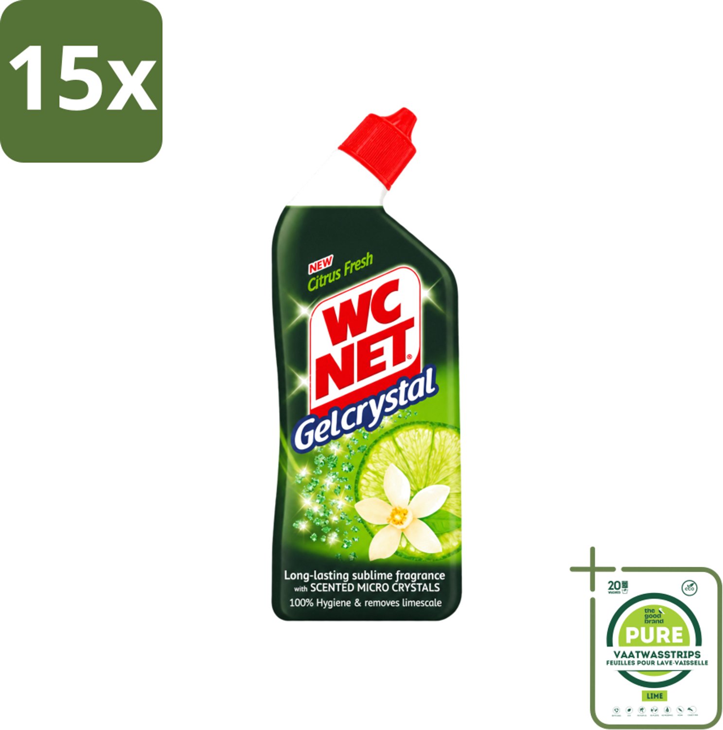 15 x WC Net - Toiletreiniger - Gel - Citrusgeur - Ontkalkt - 750ml - Grootverpakking - Vaatwasstrips - WC Net Gel - Toilet Reiniger - Ontzorging - Kalkaanslag - Toilet Reinigen