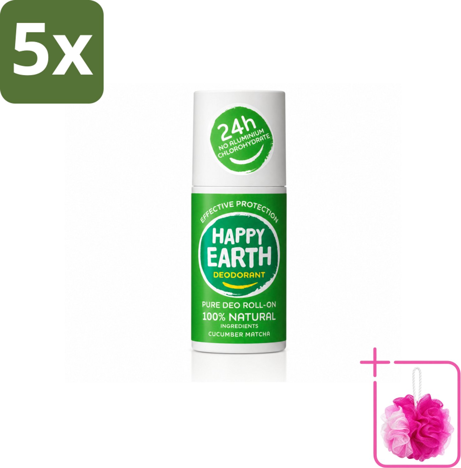 5 x Happy Earth – Deodorant Roll-On – 100% Natuurlijk Cucumber Matcha – 75 ml - Bulkverpakking - Deodorant - Douchemop - Fris