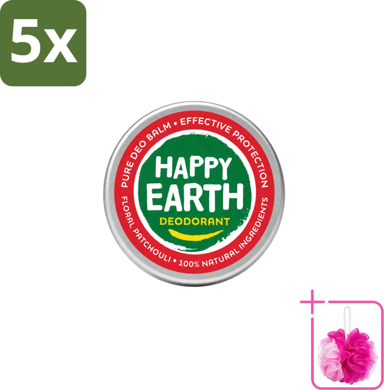 5 x Happy Earth – Deodorant Balm – 100% Natuurlijk Floral Patchouli – 45 g - Bulkverpakking - Deodorant balm - Douchemop - Natuurlijke deodorant