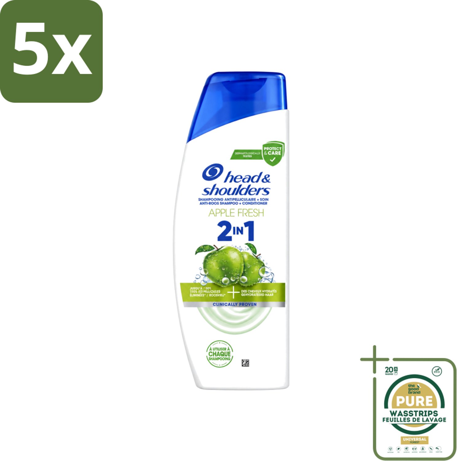 5 x Head & Shoulders – 2-in-1 – Apple Fresh – 300 ml - Wasstrips - Anti-roos Shampoo - 2-in-1 Shampoo - Apple Fresh Shampoo - Shampoo Tegen Roos - Verfrissende Shampoo