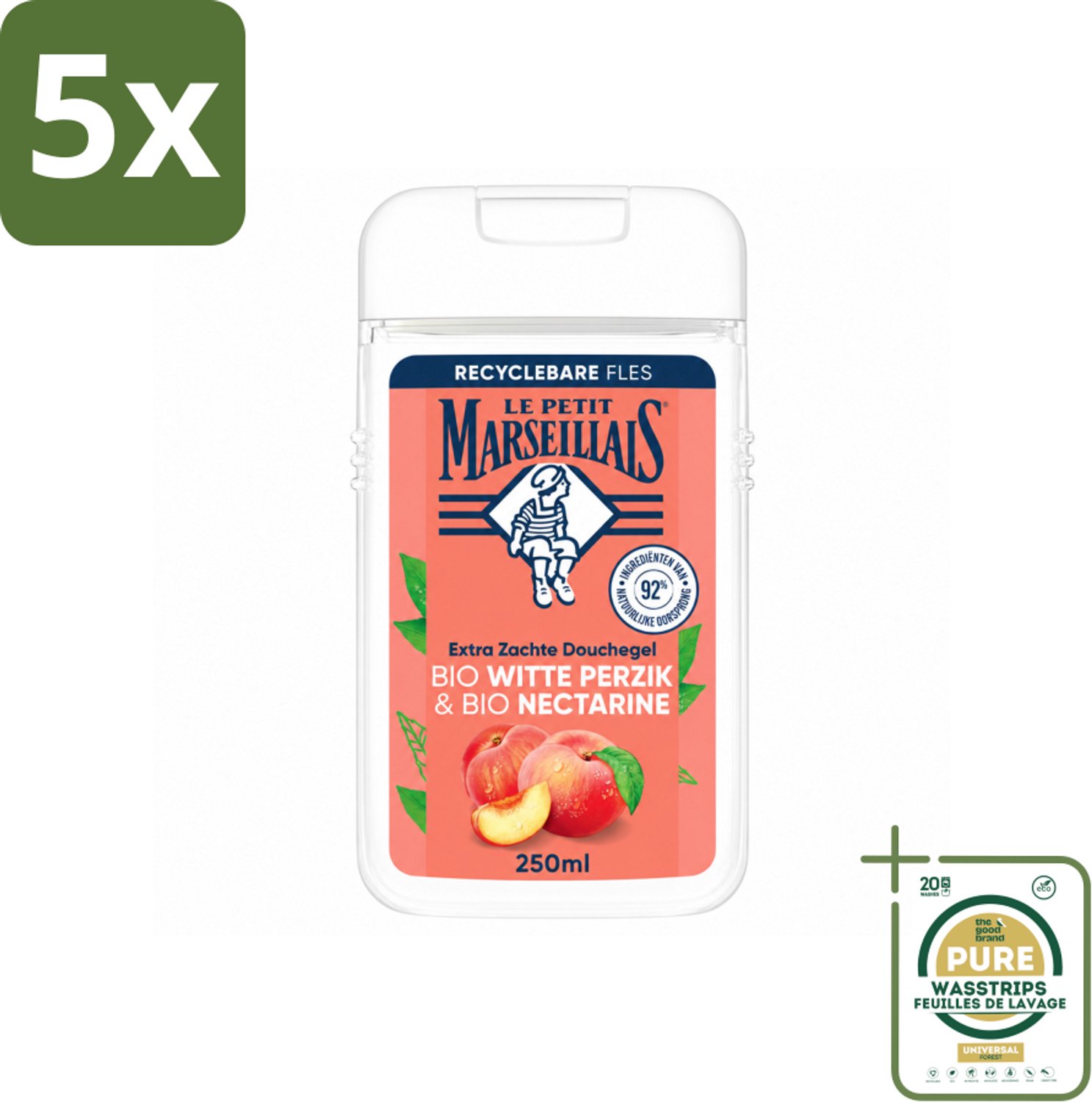 5 x Le Petit Marseillais – Douchegel – Bio Perzik & Nectarine – Verfrissend – 250 ml - Wasstrips - Douchegel Bio Perzik En Nectarine - Frisse Douchegel - Bio Douchegel - Fris Douchegel - Perzik En Nectarine Geur