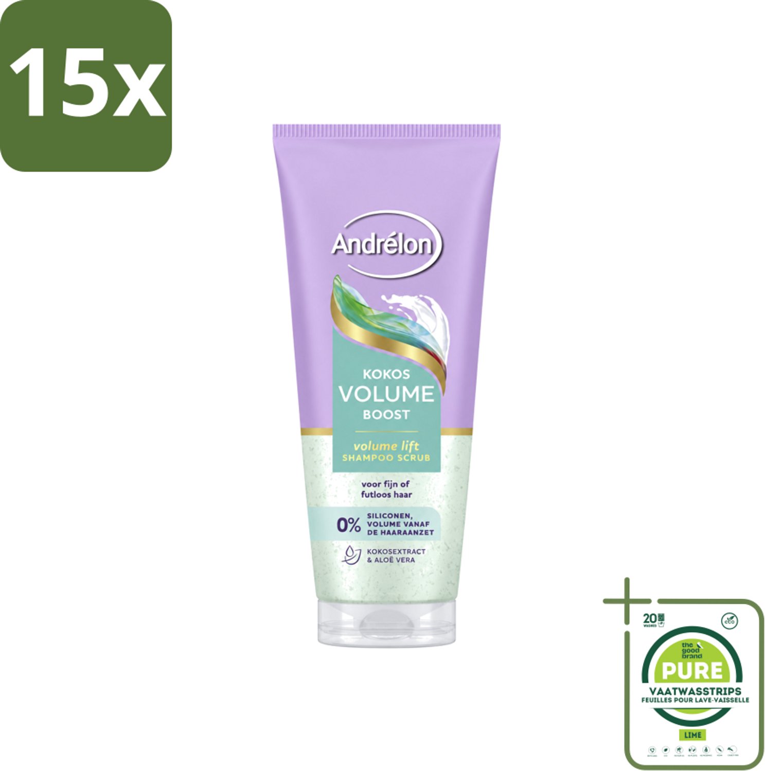 15 x Andrélon – Shampoo Scrub – Kokos Volume Boost – 200 ml - Grootverpakking - Vaatwasstrips - Haarkleur - Haartype - Haargewicht - Haartype - Haartype