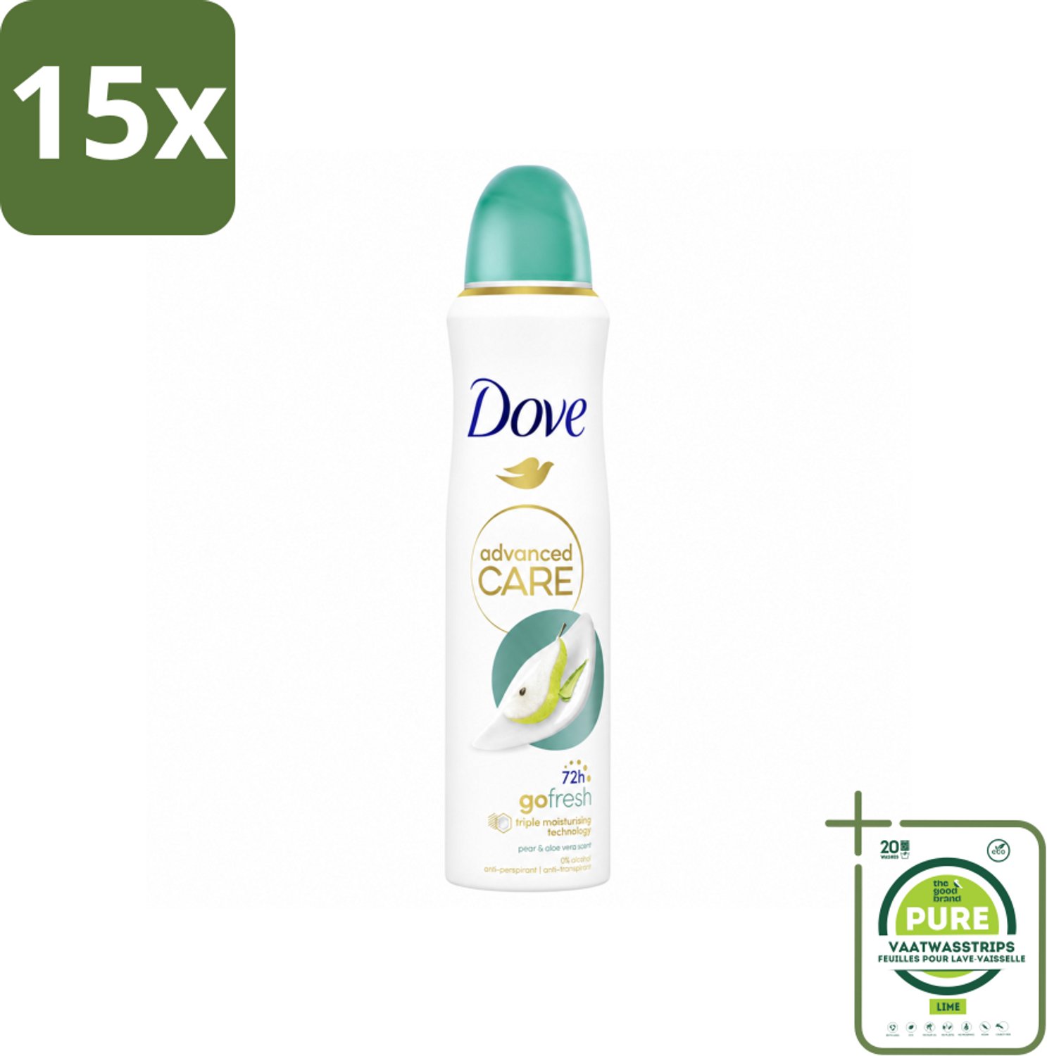 15 x Dove – Deodorant Spray – Peer & Aloe Vera – 150 ml - Grootverpakking - Vaatwasstrips - Anti-transpirant - Deodorant Spray - Zweetvermindering - Frisse Geur - Huidverzorging