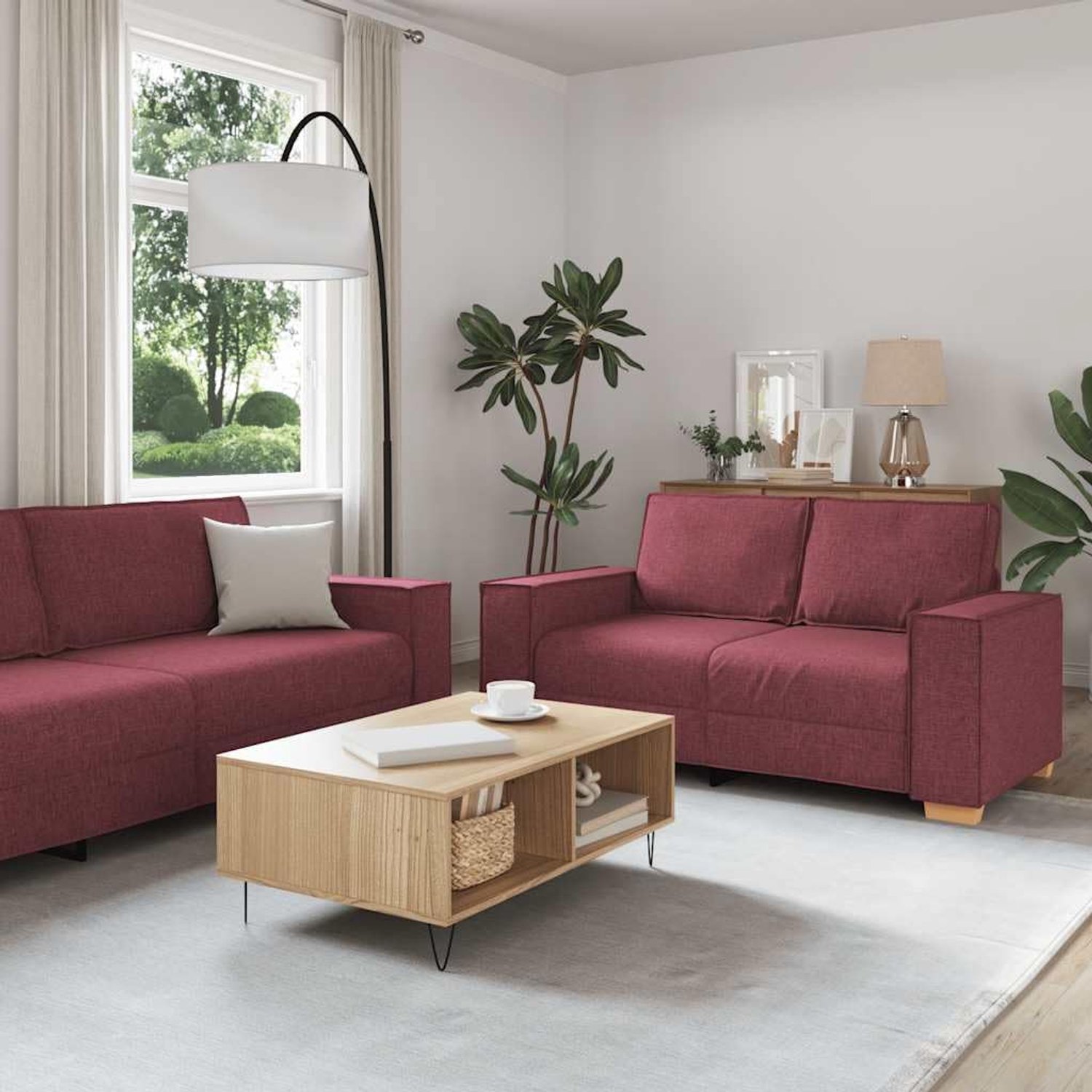 2-delige bankstel met kussen in wijnrood, van duurzame stof, comfortabele gestoffeerde bank met brede armleuningen en robuust houten metalen frame voor woonkamer en kantoor