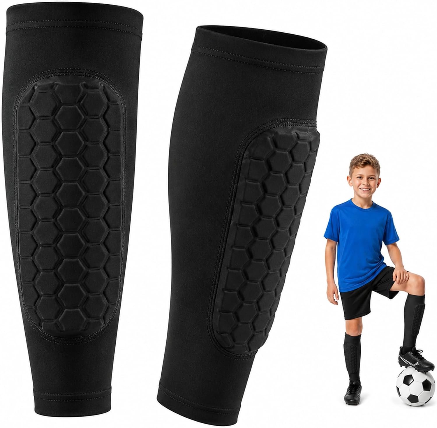 Scheenbeschermers Voetbal met Compressiekous, voor Kinderen en Volwassenen, Schokabsorberend Honingraatstructuur, Ademend en Antislip, Lichtgewicht Beenbescherming voor Training en Wedstrijd