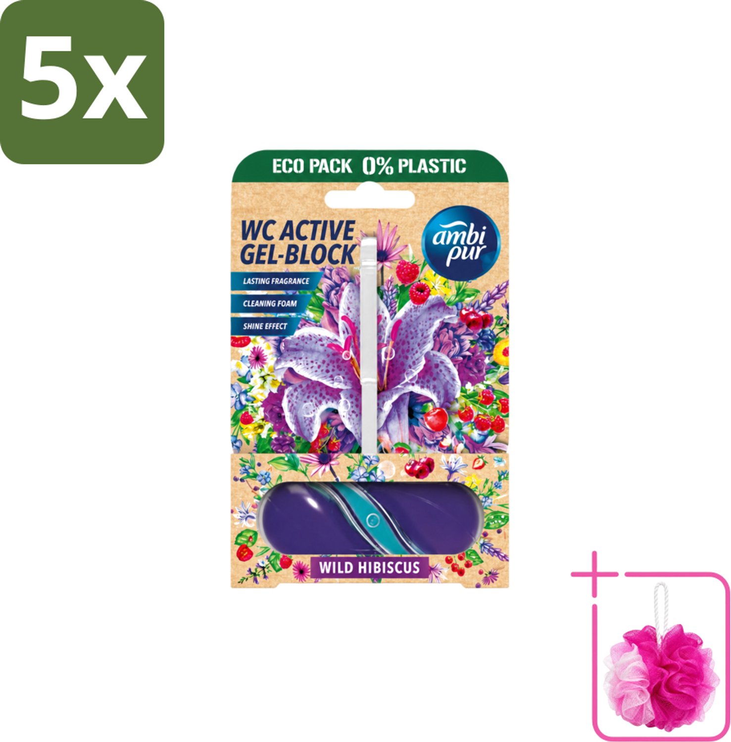 5 x Ambi Pur – Toiletblok – Wild Hibiscus – 45 g - Bulkverpakking - Toiletblok - Douchemop - Fris toilet
