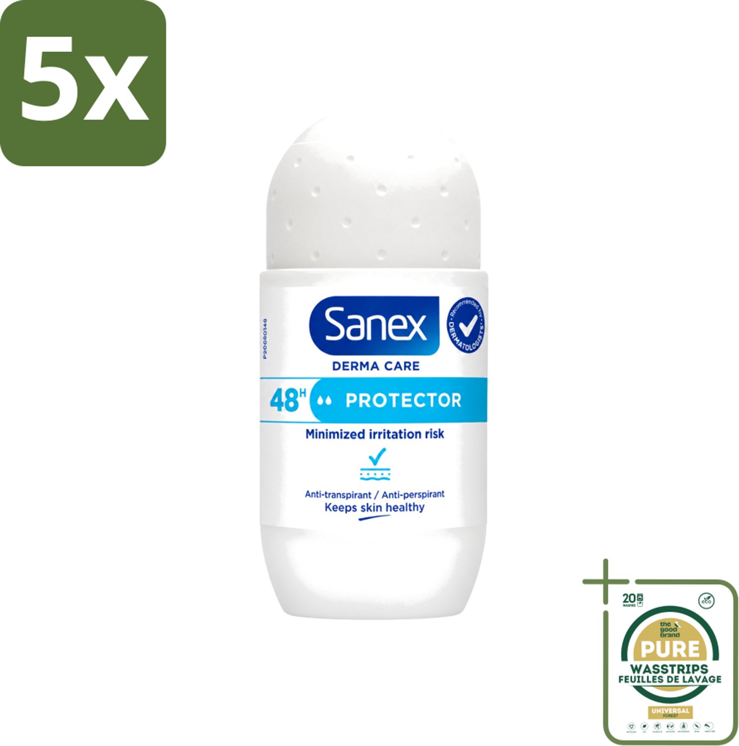 5 x Sanex – Deodorant Roller – Dermo Protector – 53 ml - Wasstrips - Deodorant Roller - Dermo Protector - Transpiratie Bescherming - Geurvervoorkomend - Huidbescherming