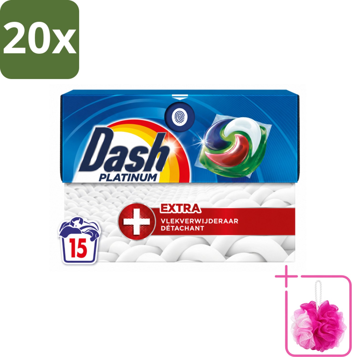 20 x Dash – Wasmiddelcapsules – 4in1 Platinum Pods + Extra Vlekkenverwijderaar – 15 capsules - Bulkverpakking - Vlekverwijdering - Douchemop - Wasmiddel