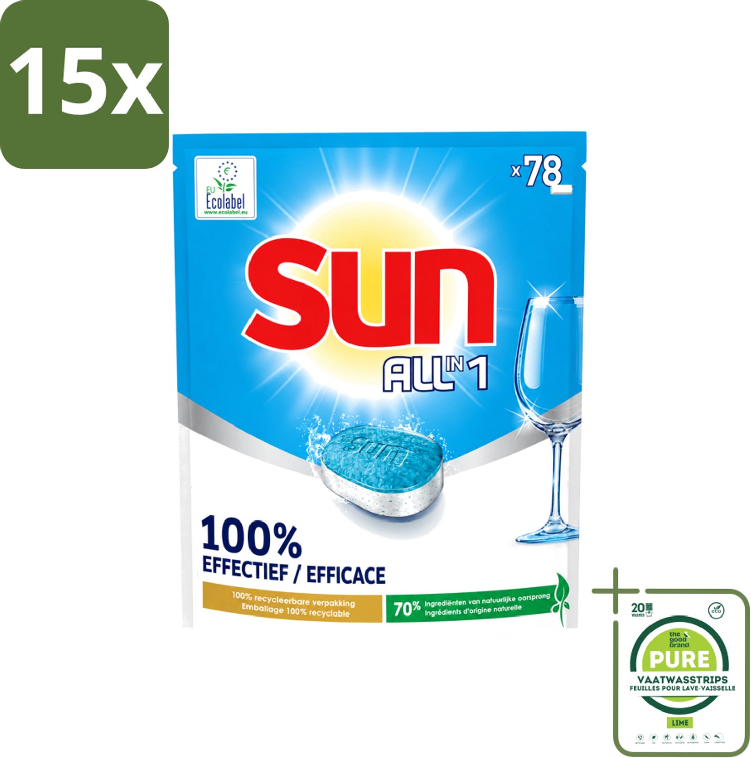 15 x Sun All-in-1 - Eco Label - Vaatwastabletten - 78 Tabletten - Grootverpakking - Vaatwasstrips - Vaatwastabletten - Milieuvriendelijke Vaatwas - Eco Label - Vaatwasser Tabletten - Vet Verwijderen