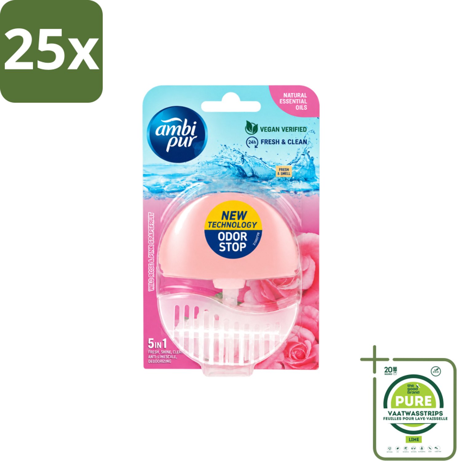 25 x Ambi Pur - Toiletblok - 5in1- Wilde Roos & Roze Grapefruit - 1 Blok - Grootverpakking - Vaatwasstrips - Toilet - Toiletblok - Frisheid - Super Shine - Anti-kalk