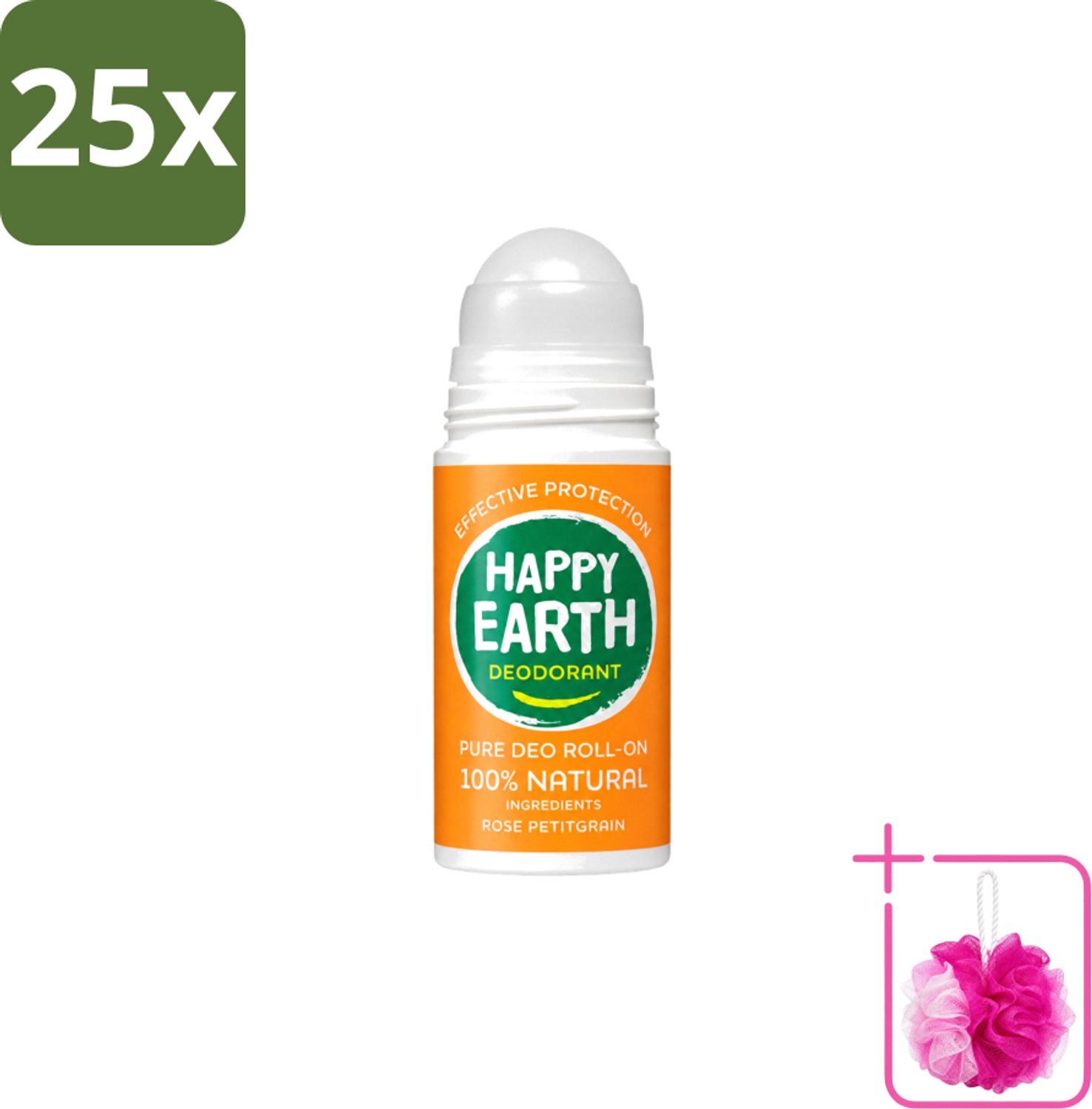25 x Happy Earth – Deodorant Roll-On – 100% Natuurlijk Rose Petitgrain – 75 ml - Bulkverpakking - Natuurlijke deodorant - Douchemop - Roll-on deodorant