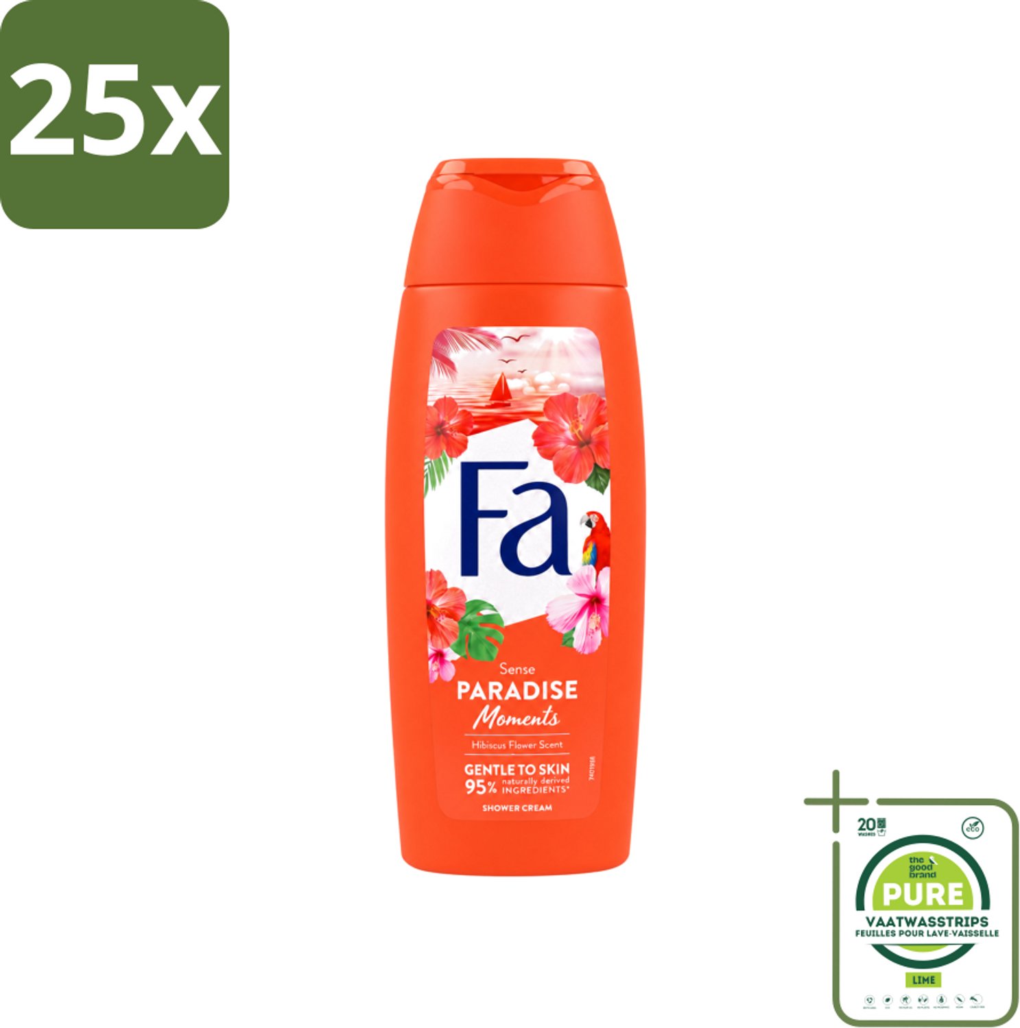 25 x Fa - Paradise Moments - Douchecrème - Hibiscusbloem - 250 ml - Grootverpakking - Vaatwasstrips - Douchecrème Hibiscusbloem - Vegan Douchecrème - Huidverzorgende Douchecrème - Hibiscusbloem Geur - Duurzame Douchecrème