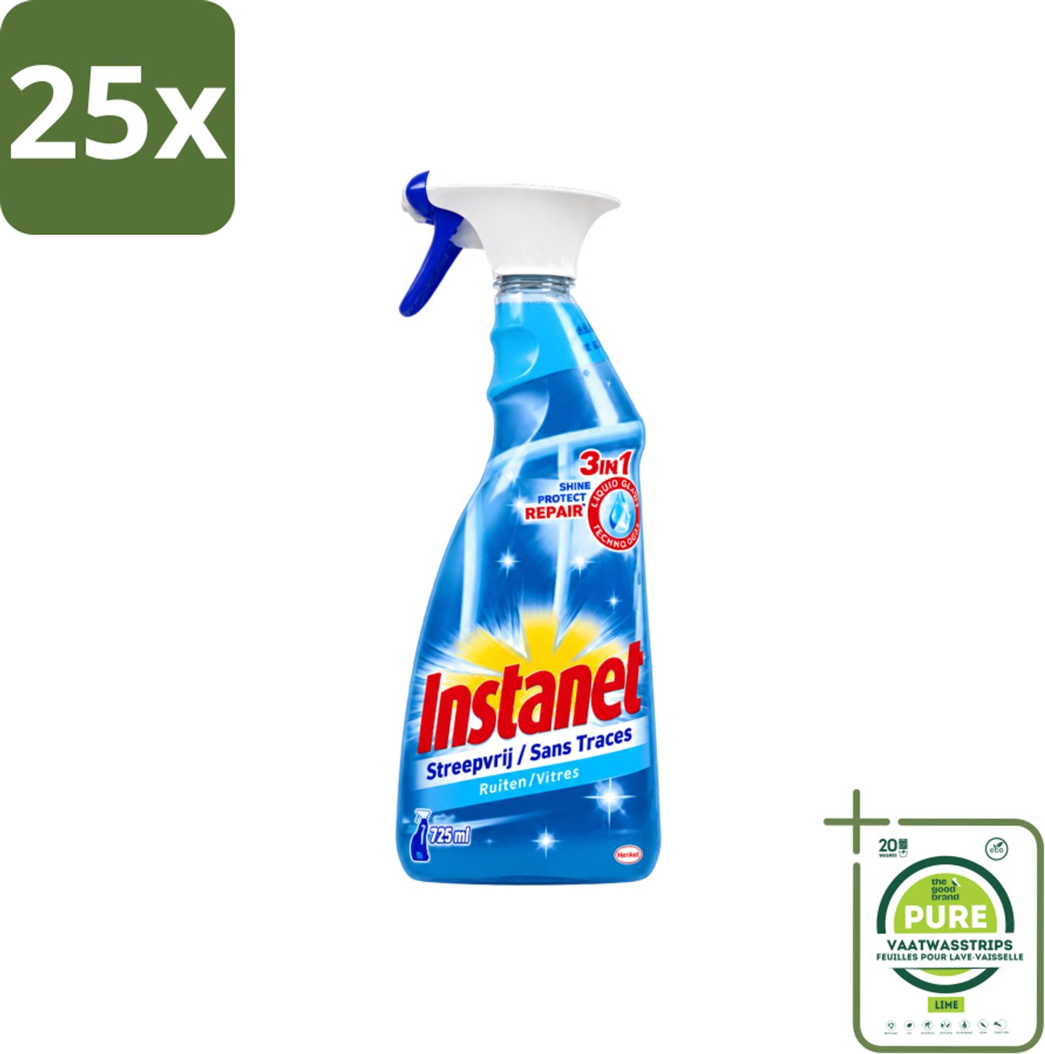 25 x Instanet - Ruitenreiniger - Streepvrij - 3in1 Spray - 725 ml - Grootverpakking - Vaatwasstrips - Ruitenreiniger - Streepvrije Ruiten - Ruiten Reinigen - Ruiten Reinigingsalcohol - 3-in-1 Ruitenreiniger