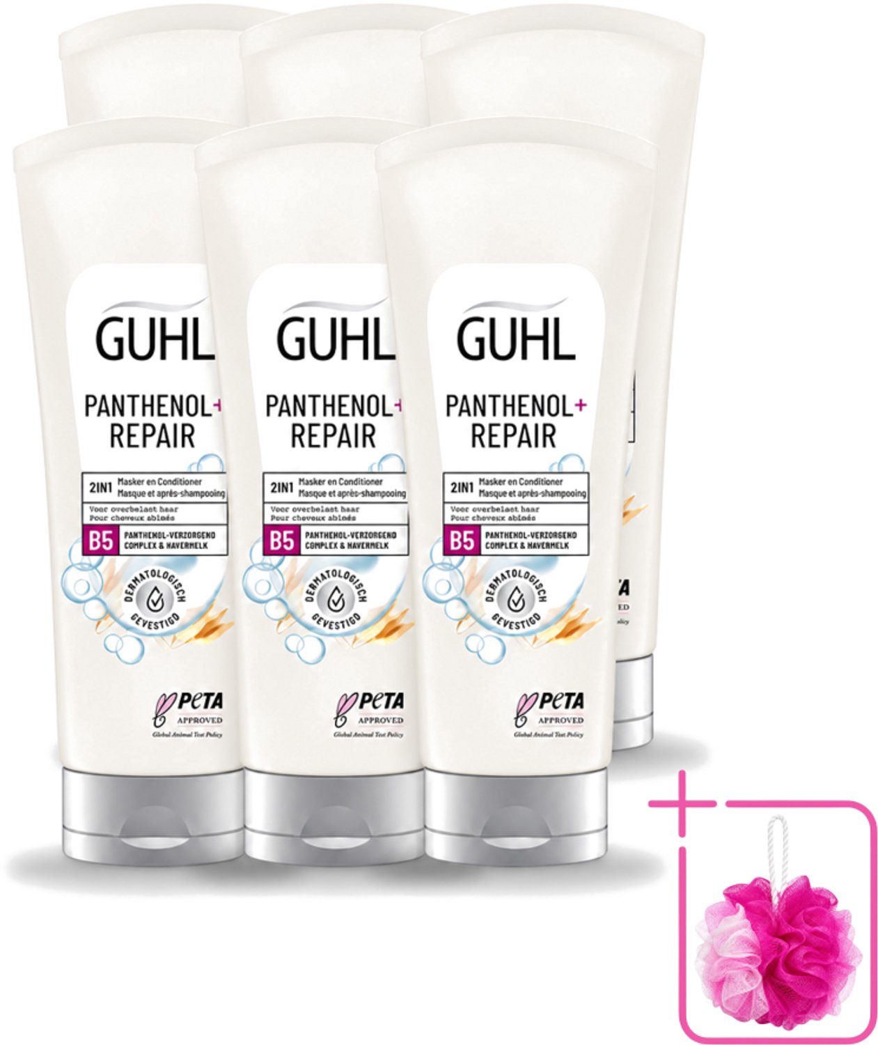 6 x Guhl – 2-in-1 Masker & Conditioner – Panthenol+Repair – 200 ml - Bulkverpakking - Haarmasker - Douchemop - Conditioner
