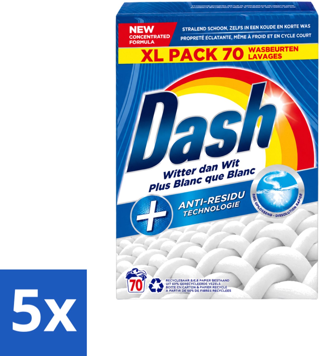 5 x Dash - Witter dan Wit - Snel Oplossend Waspoeder - Witte Was - 70 Wasbeurten - Voordeelverpakking - 5 stuks