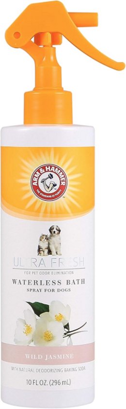 Arm & Hammer Ultra Fresh waterloos badspray voor honden met wilde jasmijn en zuiveringszout in 296 ml fles.
