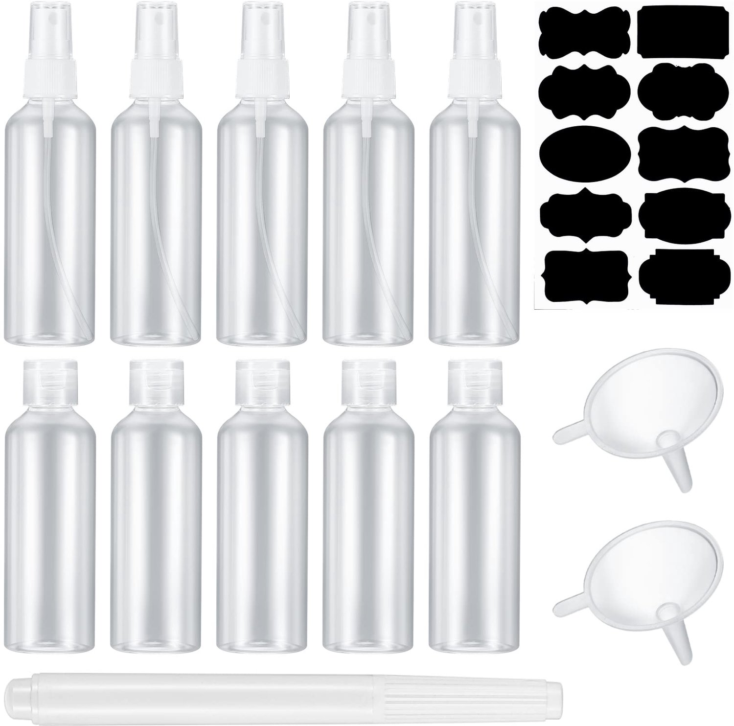 10 Stuks 100ml Reisbottles Set - Lege Plastic Flessen met Funnels en Labels